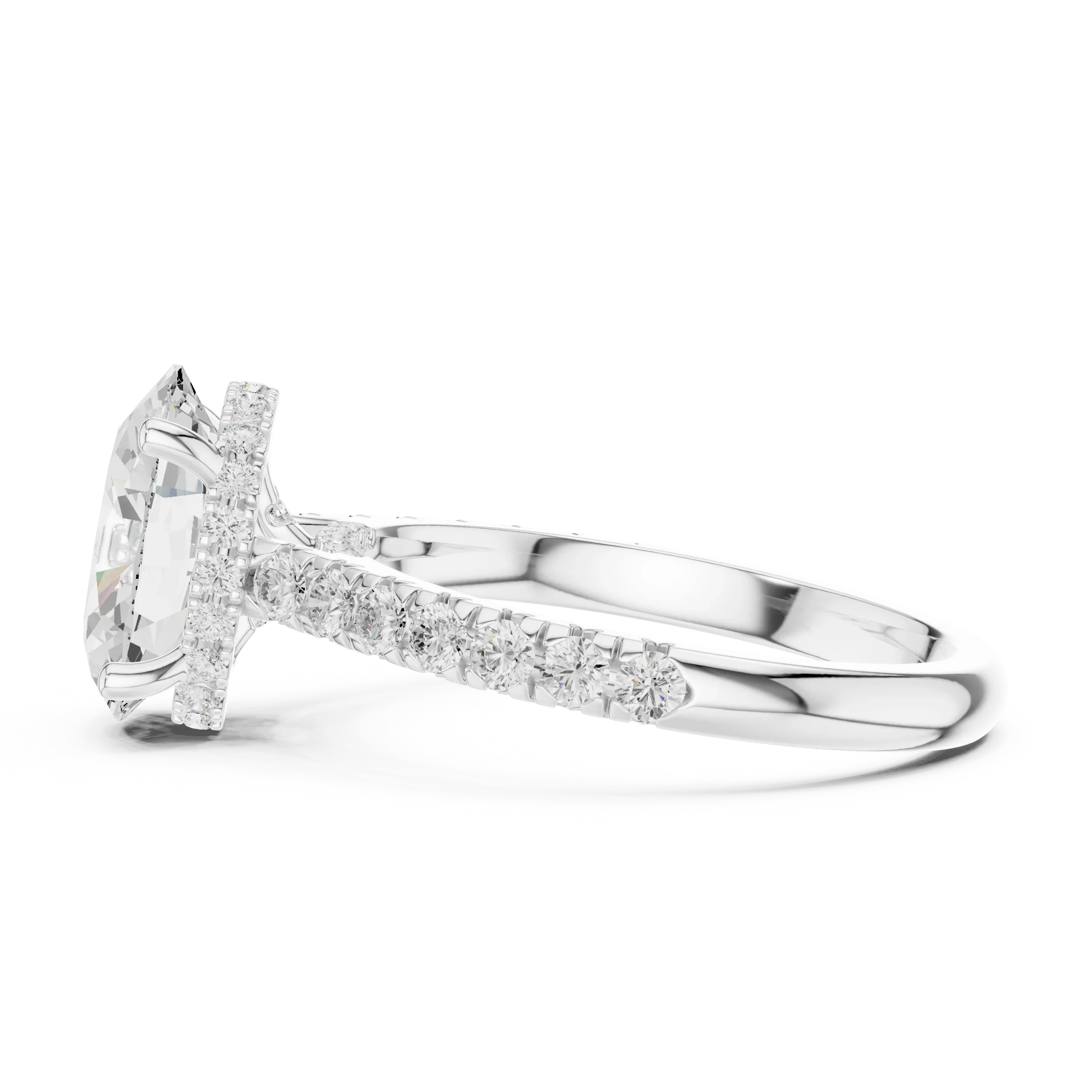 3.67 CTW Oval Moissanite Cathedral Engagement Diamond Ring with Slim Micropavé Band in 18K White Gold