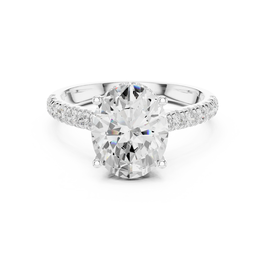 3.67 CTW Oval Moissanite Cathedral Engagement Diamond Ring with Slim Micropavé Band in 18K White Gold