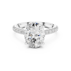 3.67 CTW Oval Moissanite Cathedral Engagement Diamond Ring with Slim Micropavé Band in 18K White Gold