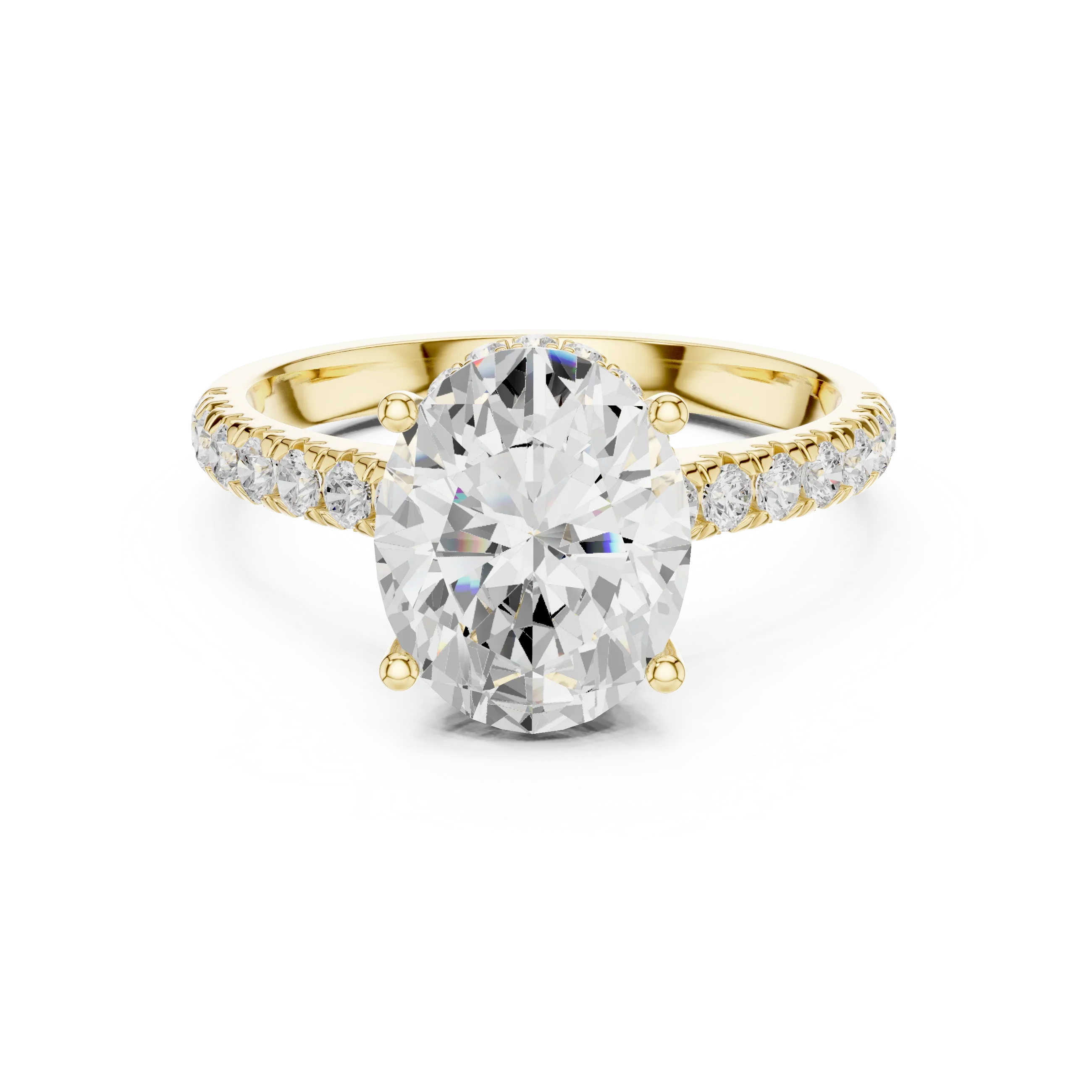 3.67 CTW Oval Moissanite Cathedral Engagement Diamond Ring with Slim Micropavé Band in 18K White Gold