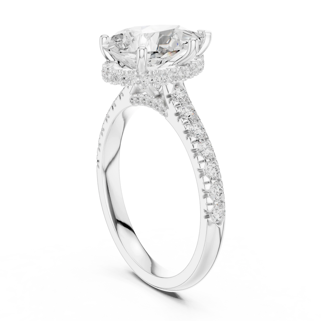 3.67 CTW Pear Moissanite Cathedral Engagement Diamond Ring with Slim Micropavé Band in 18K White Gold