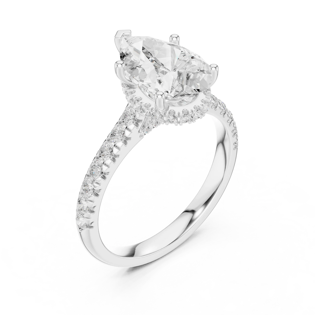 3.67 CTW Pear Moissanite Cathedral Engagement Diamond Ring with Slim Micropavé Band in 18K White Gold