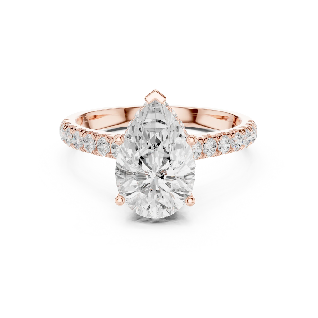 3.67 CTW Pear Moissanite Cathedral Engagement Diamond Ring with Slim Micropavé Band in 18K White Gold