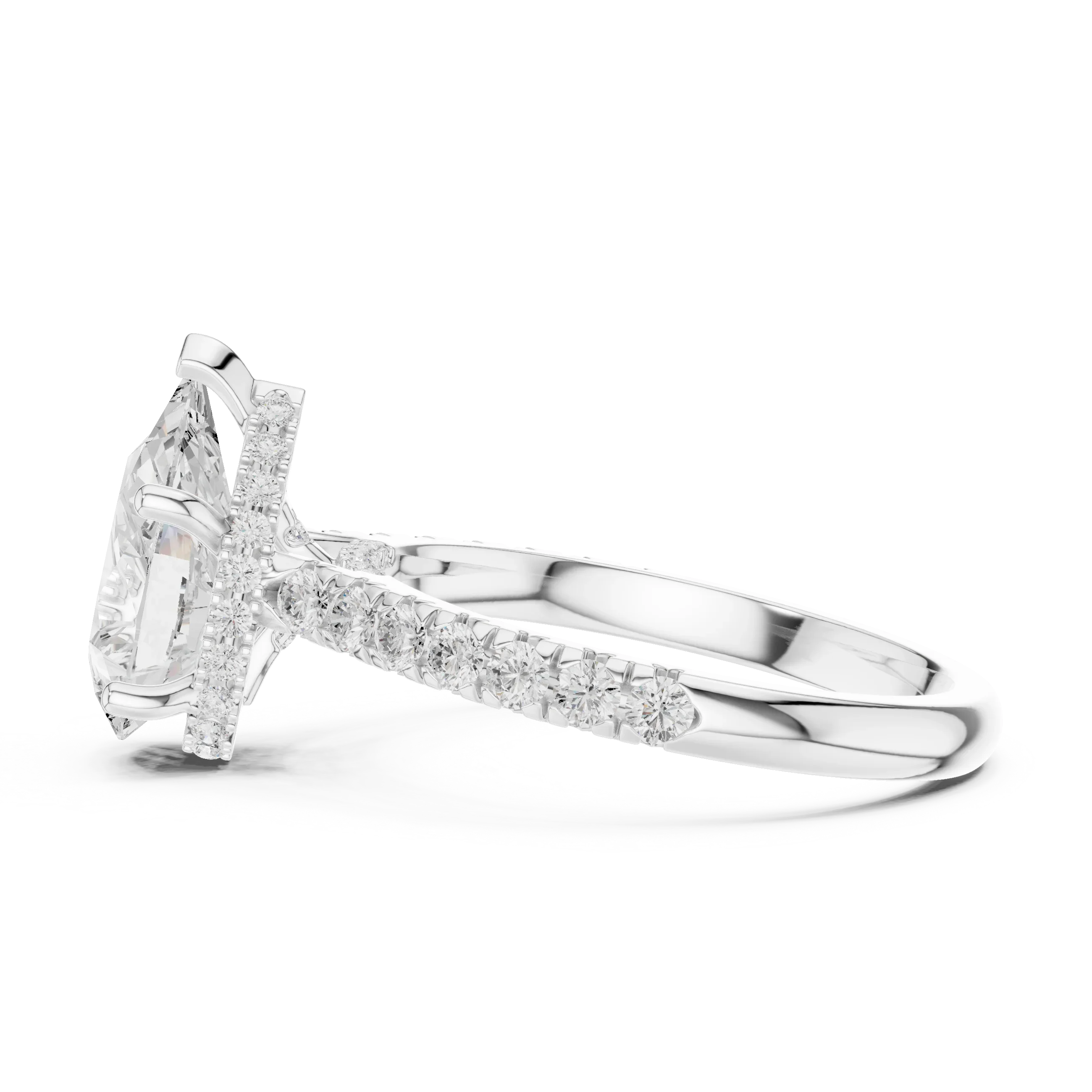 3.67 CTW Pear Moissanite Cathedral Engagement Diamond Ring with Slim Micropavé Band in 18K White Gold
