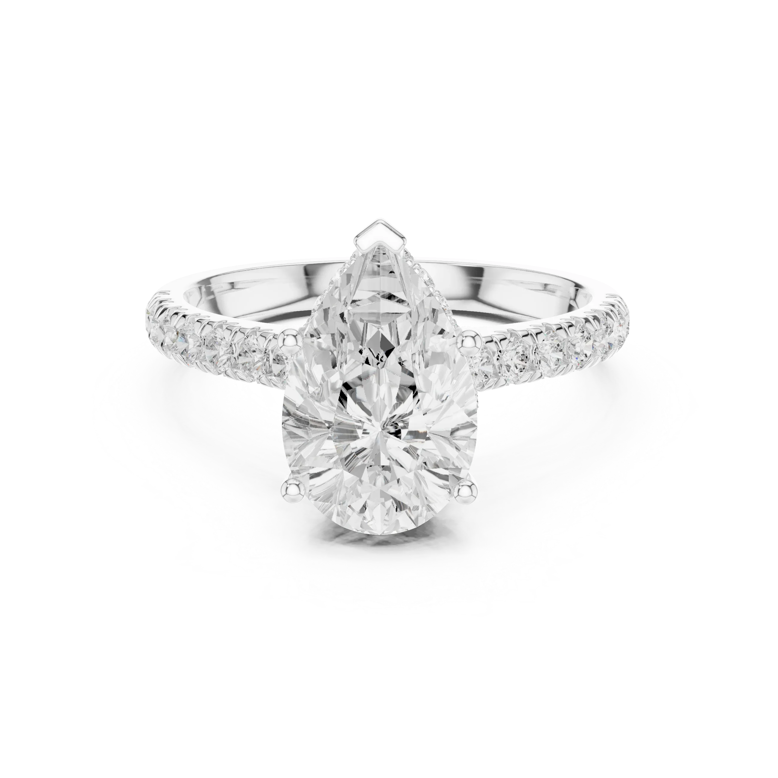 3.67 CTW Pear Moissanite Cathedral Engagement Diamond Ring with Slim Micropavé Band in 18K White Gold