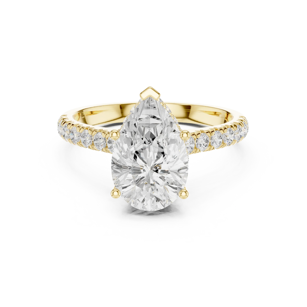 3.67 CTW Pear Moissanite Cathedral Engagement Diamond Ring with Slim Micropavé Band in 18K White Gold