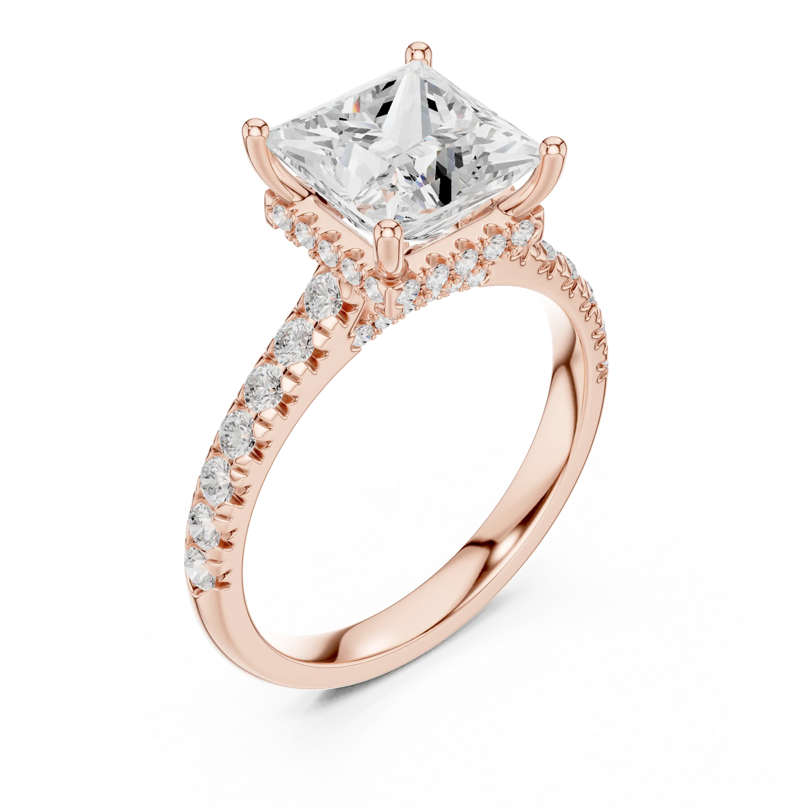 3.67 CTW Princess Moissanite Cathedral Engagement Diamond Ring with Slim Micropavé Band in 18K White Gold