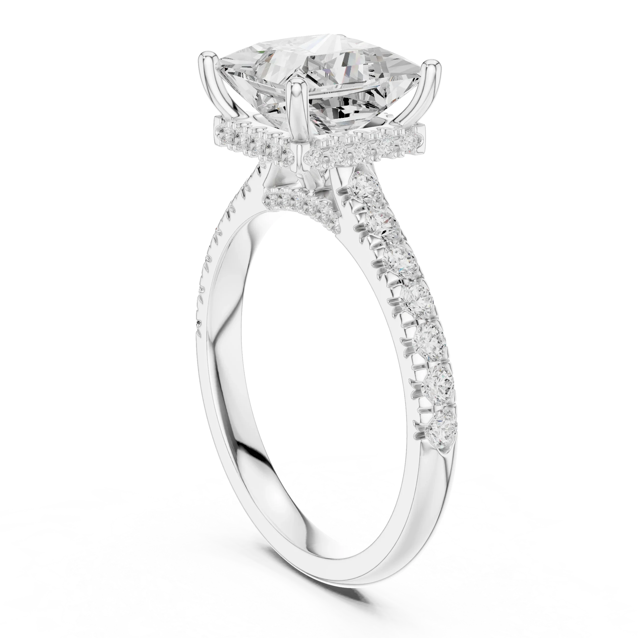 3.67 CTW Princess Moissanite Cathedral Engagement Diamond Ring with Slim Micropavé Band in 18K White Gold