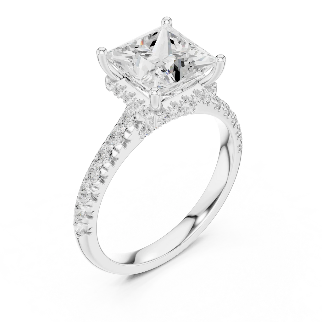 3.67 CTW Princess Moissanite Cathedral Engagement Diamond Ring with Slim Micropavé Band in 18K White Gold