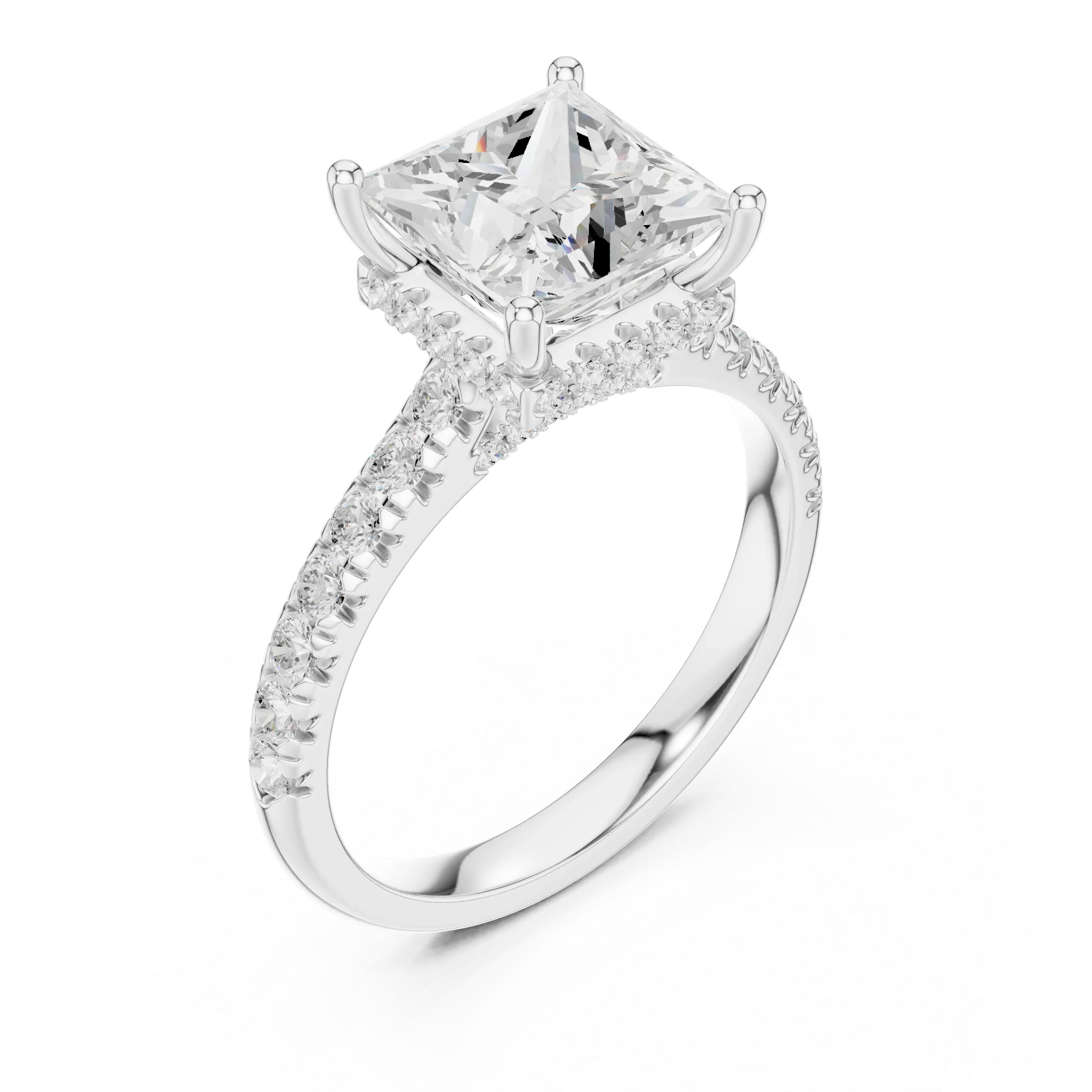 3.67 CTW Princess Moissanite Cathedral Engagement Diamond Ring with Slim Micropavé Band in 18K White Gold