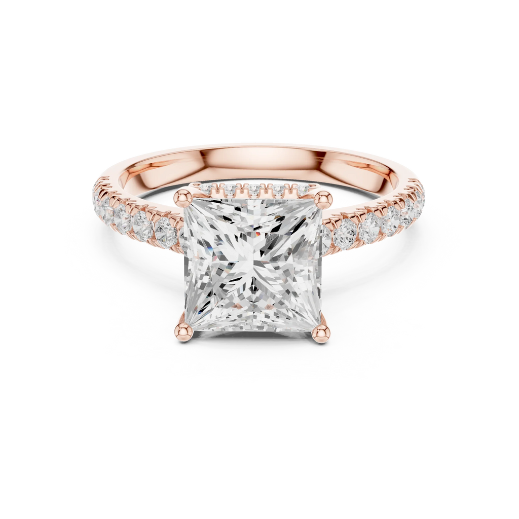 3.67 CTW Princess Moissanite Cathedral Engagement Diamond Ring with Slim Micropavé Band in 18K White Gold