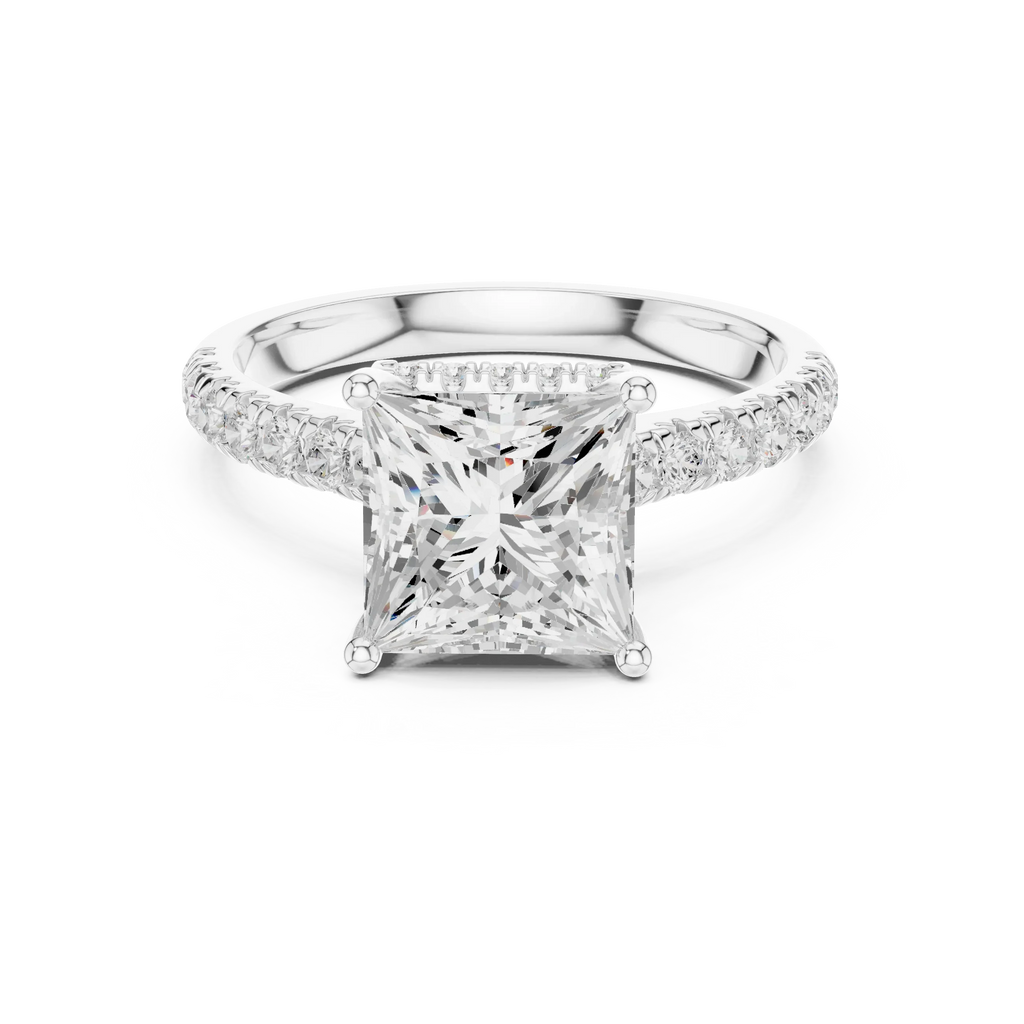 3.67 CTW Princess Moissanite Cathedral Engagement Diamond Ring with Slim Micropavé Band in 18K White Gold