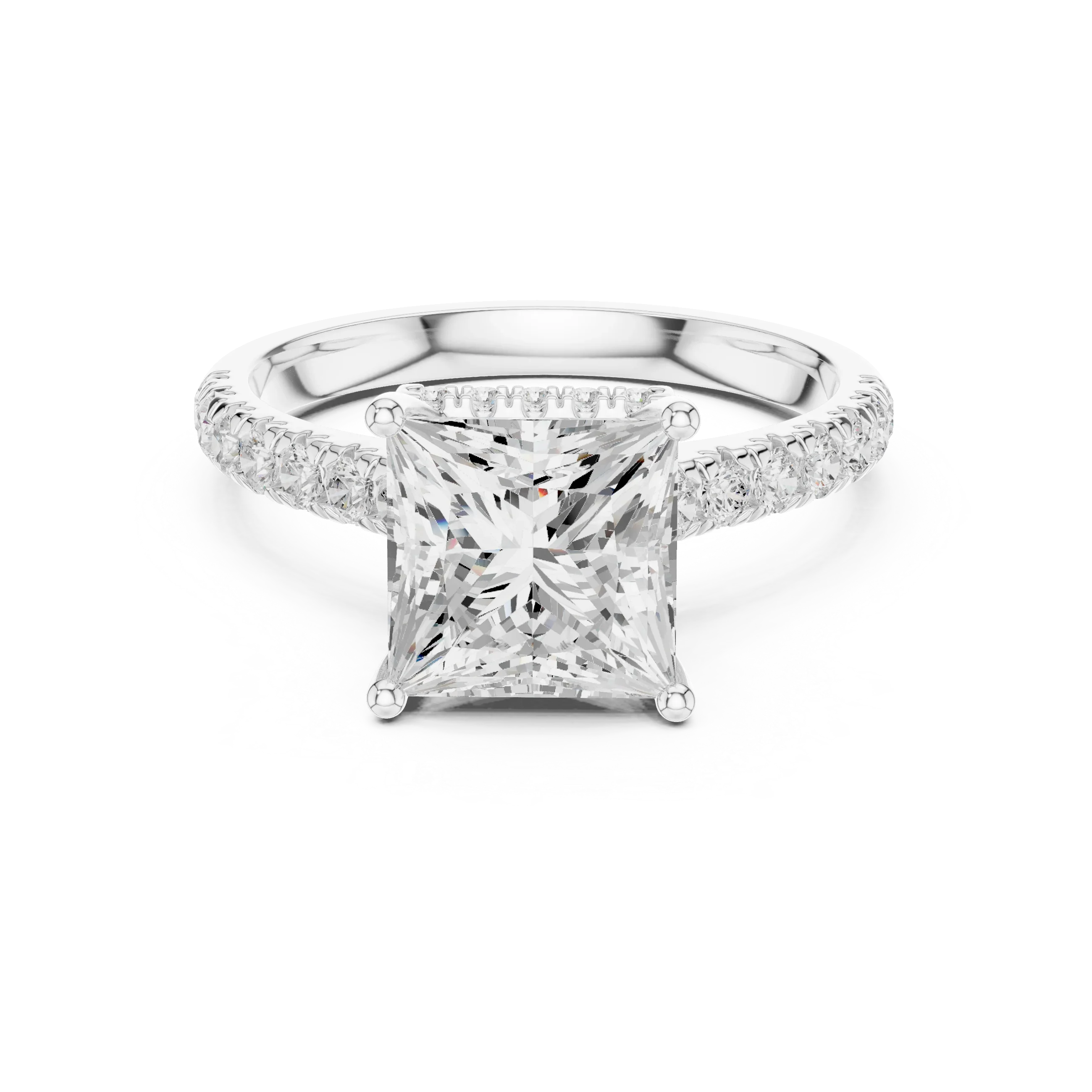 3.67 CTW Princess Moissanite Cathedral Engagement Diamond Ring with Slim Micropavé Band in 18K White Gold