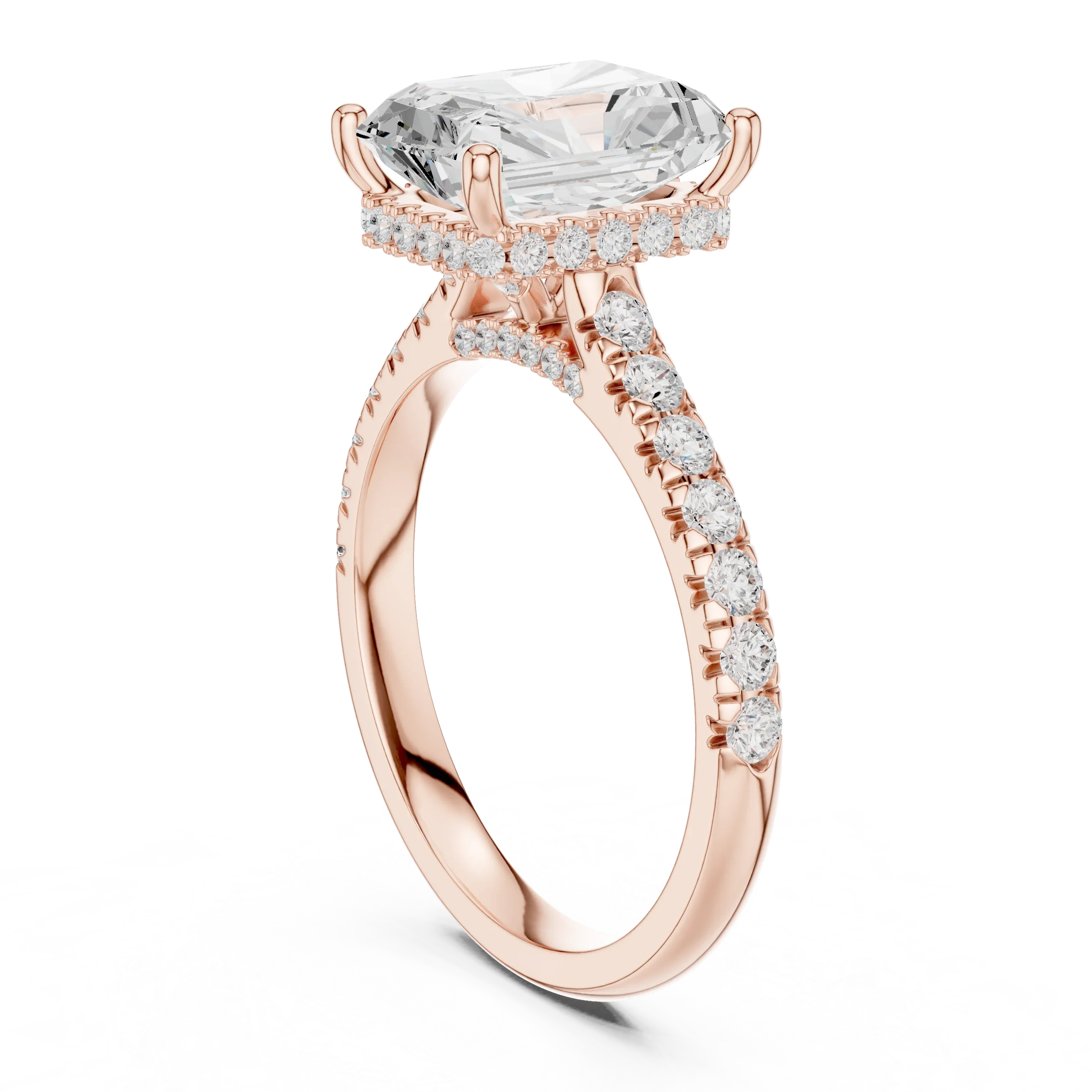 3.67 CTW Radiant Moissanite Cathedral Engagement Diamond Ring with Slim Micropavé Band in 18K White Gold