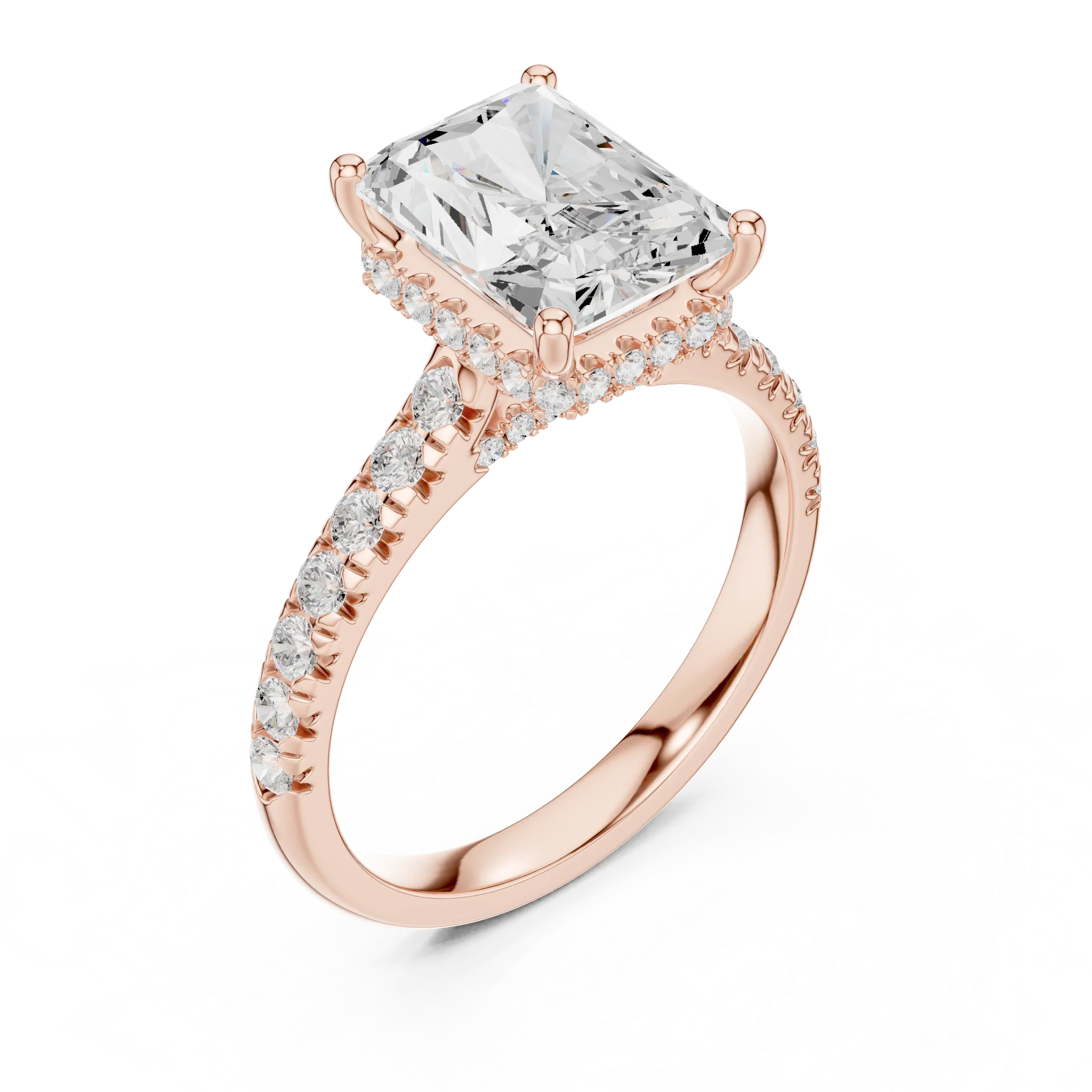 3.67 CTW Radiant Moissanite Cathedral Engagement Diamond Ring with Slim Micropavé Band in 18K White Gold