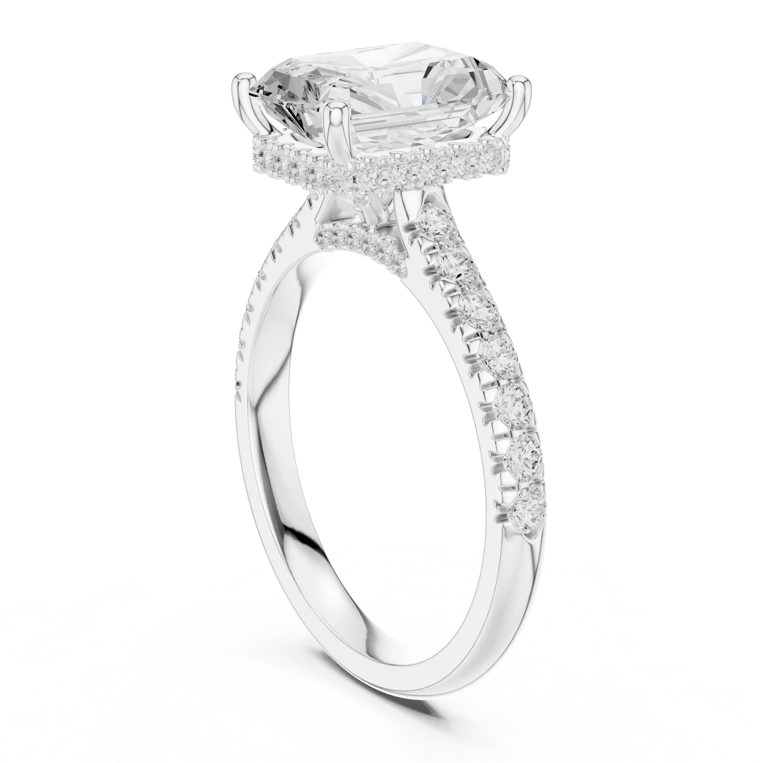 3.67 CTW Radiant Moissanite Cathedral Engagement Diamond Ring with Slim Micropavé Band in 18K White Gold