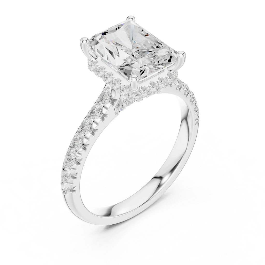 3.67 CTW Radiant Moissanite Cathedral Engagement Diamond Ring with Slim Micropavé Band in 18K White Gold