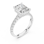 3.67 CTW Radiant Moissanite Cathedral Engagement Diamond Ring with Slim Micropavé Band in 18K White Gold