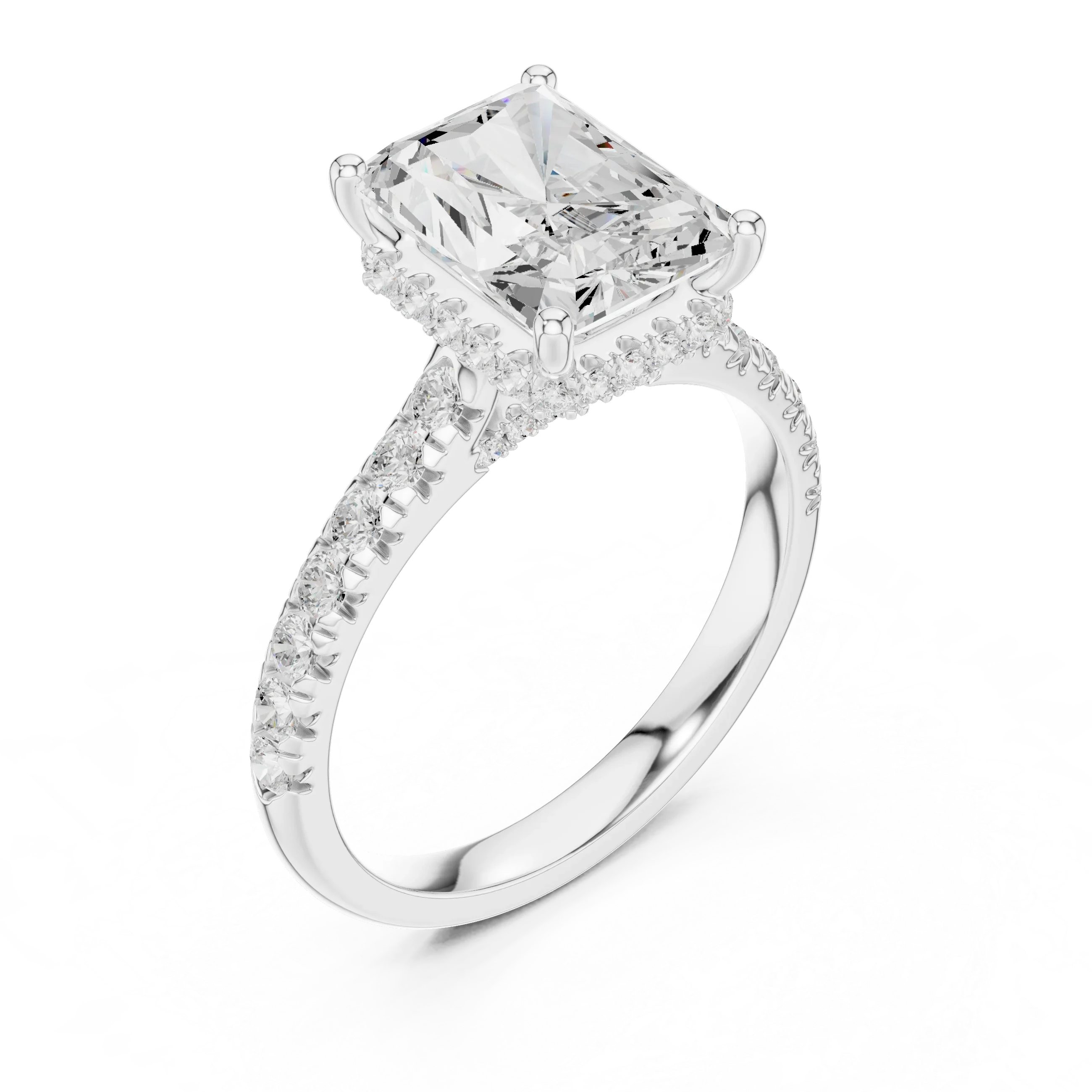 3.67 CTW Radiant Moissanite Cathedral Engagement Diamond Ring with Slim Micropavé Band in 18K White Gold