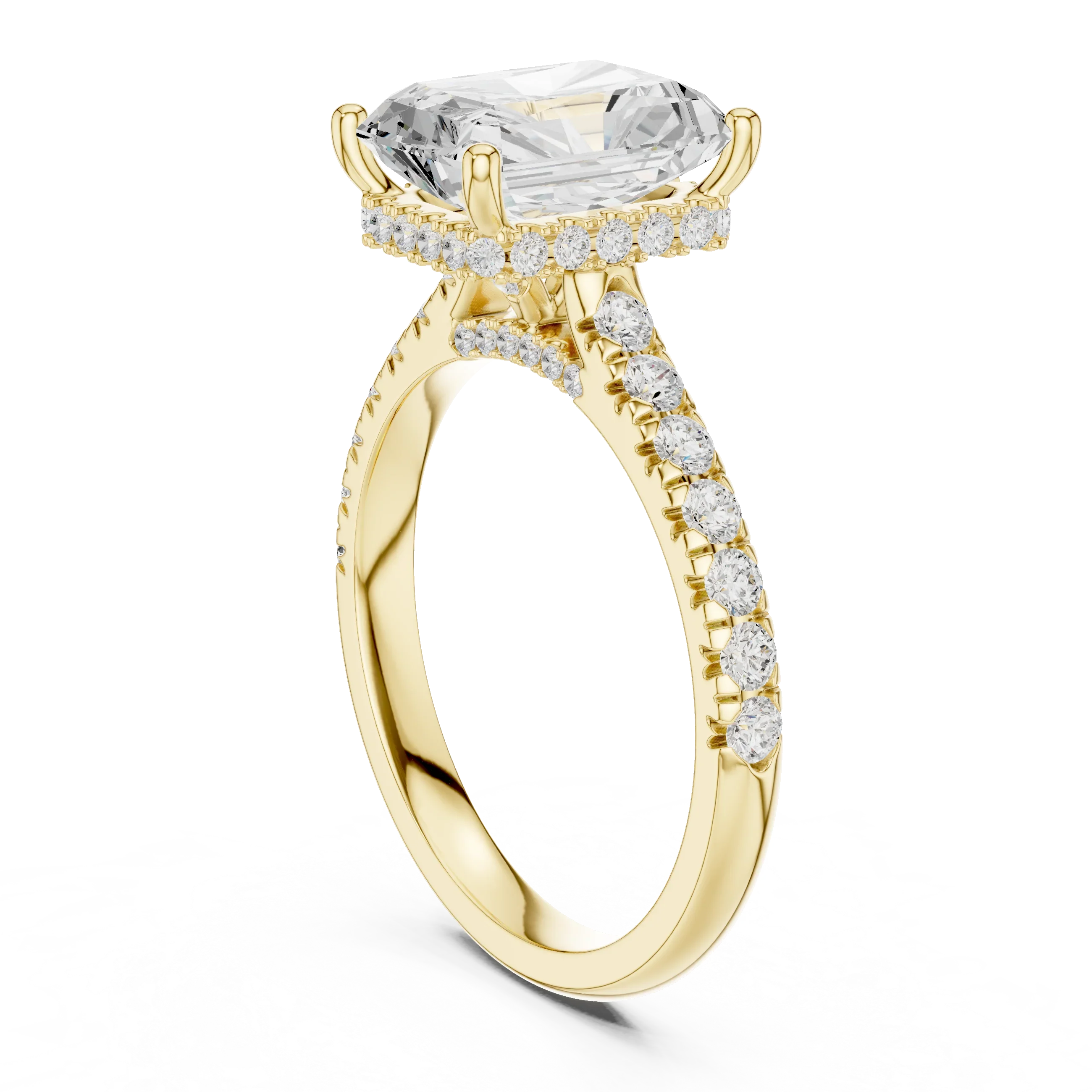 3.67 CTW Radiant Moissanite Cathedral Engagement Diamond Ring with Slim Micropavé Band in 18K White Gold