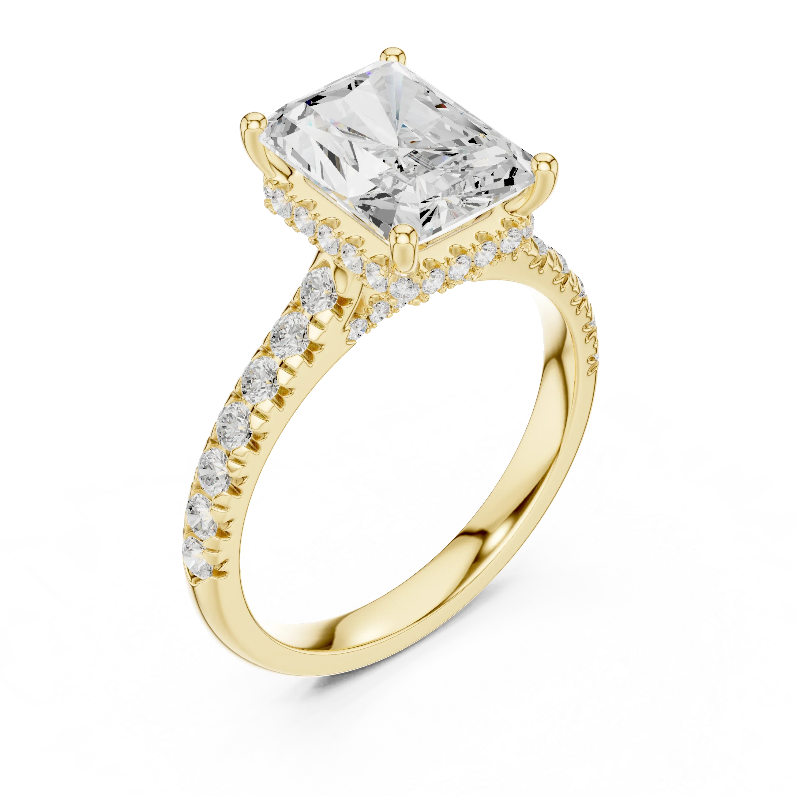 3.67 CTW Radiant Moissanite Cathedral Engagement Diamond Ring with Slim Micropavé Band in 18K White Gold