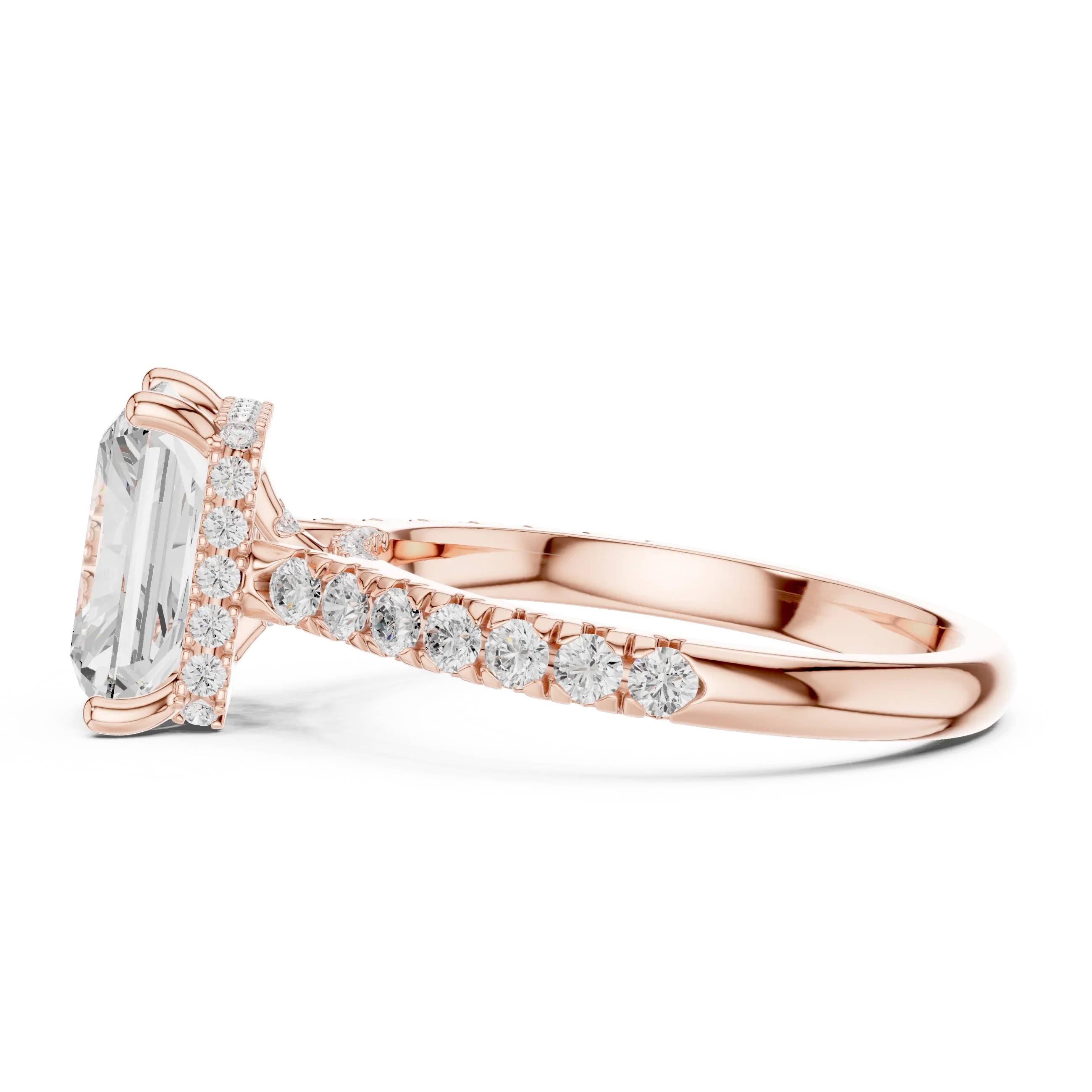 3.67 CTW Radiant Moissanite Cathedral Engagement Diamond Ring with Slim Micropavé Band in 18K White Gold