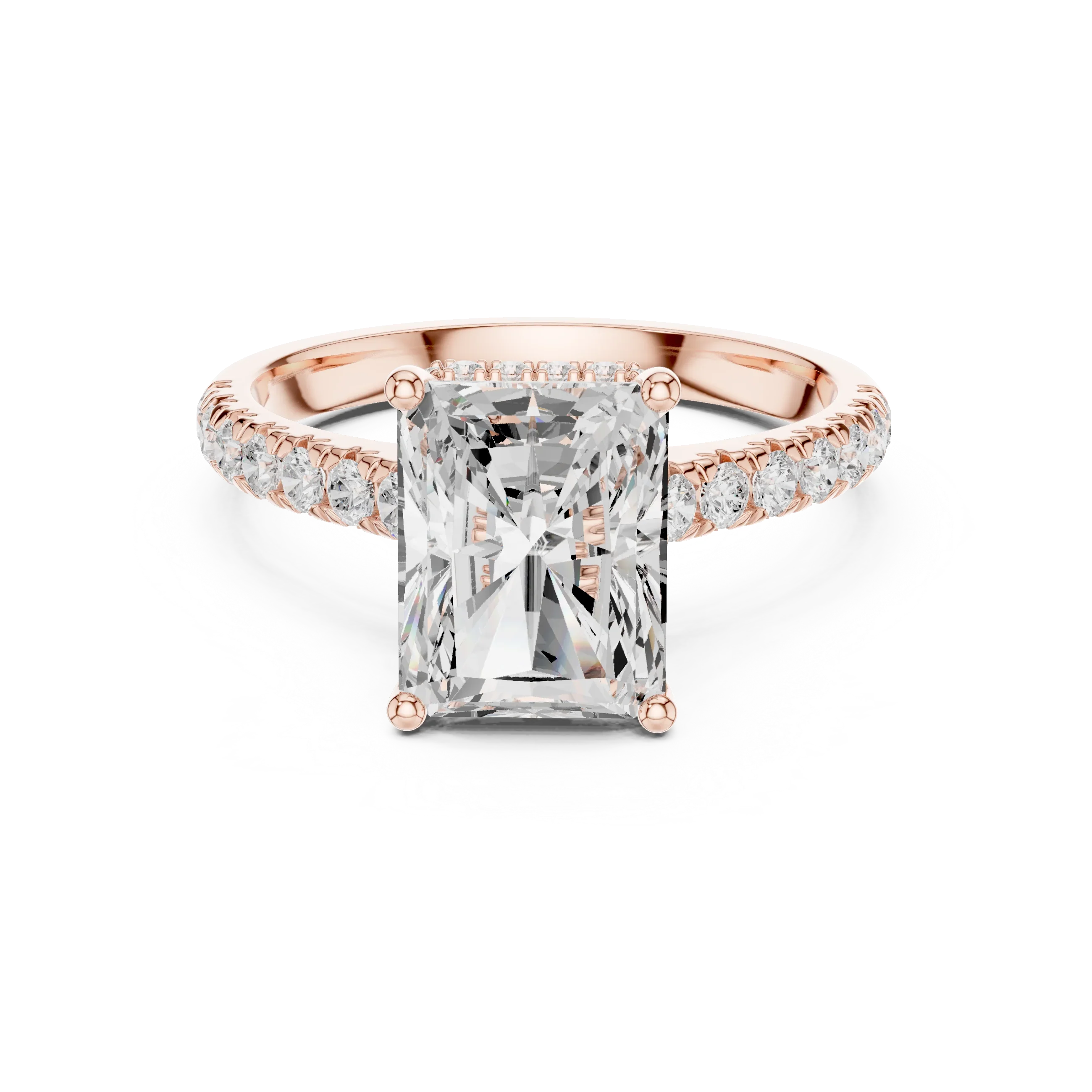 3.67 CTW Radiant Moissanite Cathedral Engagement Diamond Ring with Slim Micropavé Band in 18K White Gold