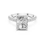 3.67 CTW Radiant Moissanite Cathedral Engagement Diamond Ring with Slim Micropavé Band in 18K White Gold