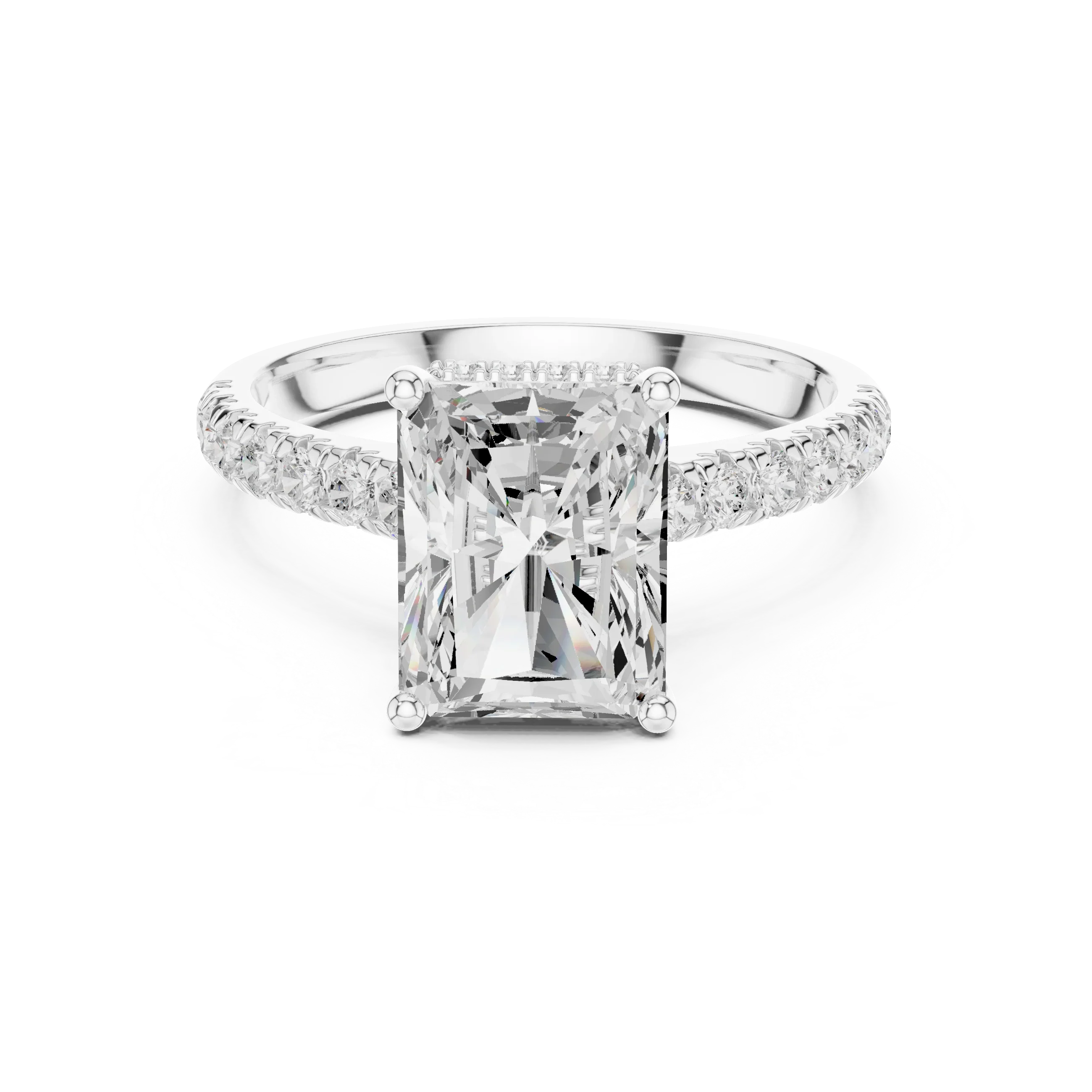 3.67 CTW Radiant Moissanite Cathedral Engagement Diamond Ring with Slim Micropavé Band in 18K White Gold