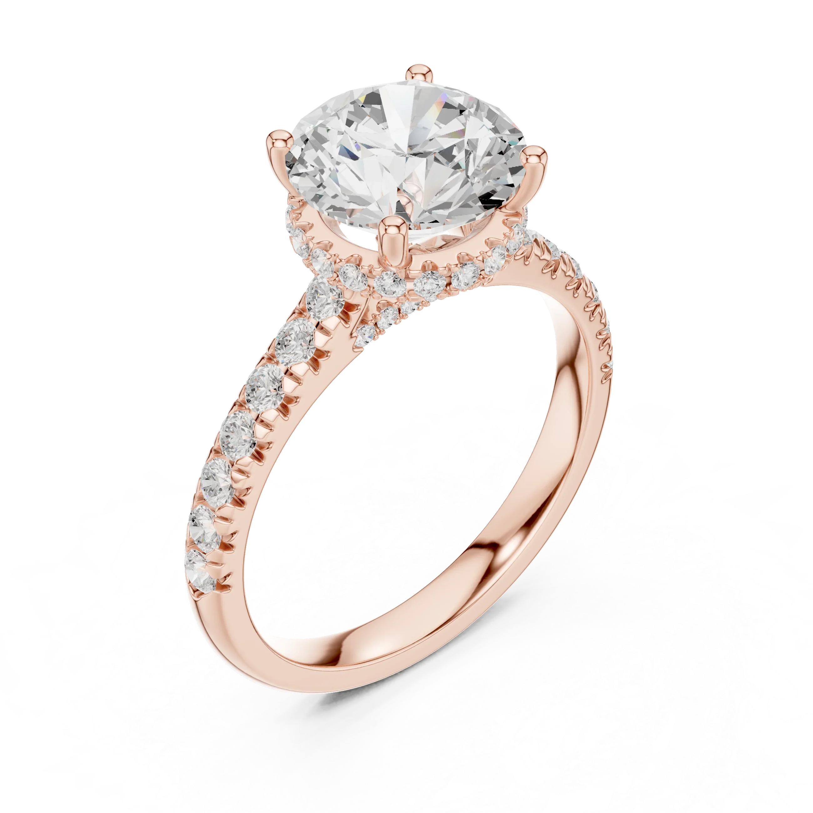 3.67 CTW Round Moissanite Cathedral Engagement Diamond Ring with Slim Micropavé Band in 18K White Gold
