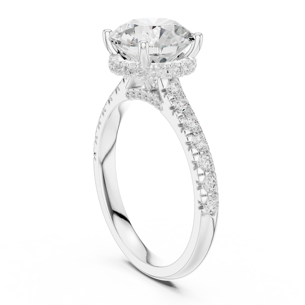3.67 CTW Round Moissanite Cathedral Engagement Diamond Ring with Slim Micropavé Band in 18K White Gold