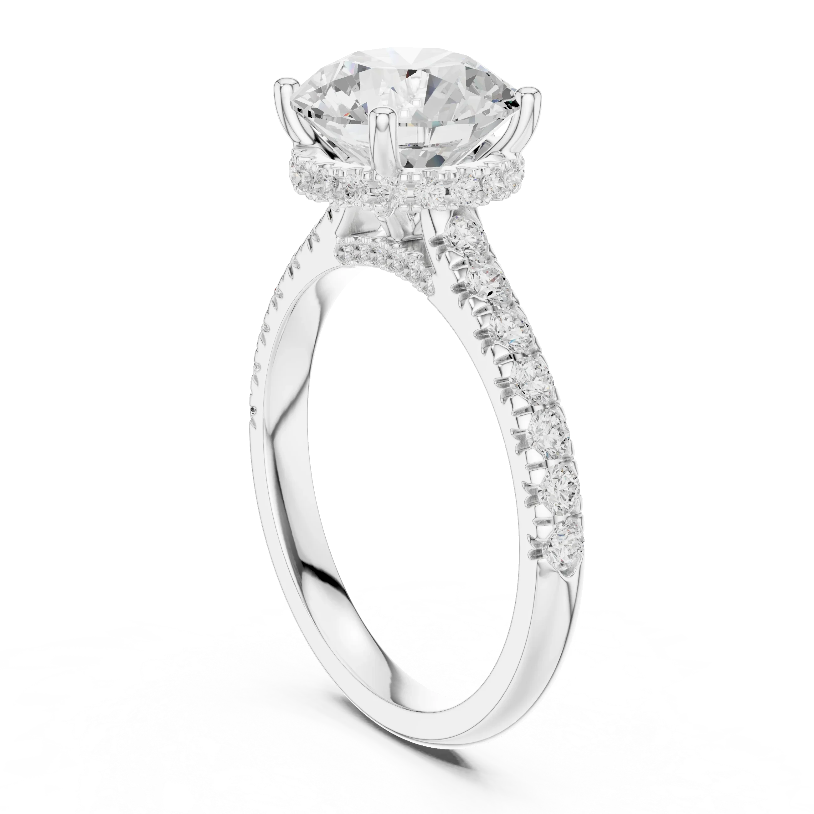 3.67 CTW Round Moissanite Cathedral Engagement Diamond Ring with Slim Micropavé Band in 18K White Gold
