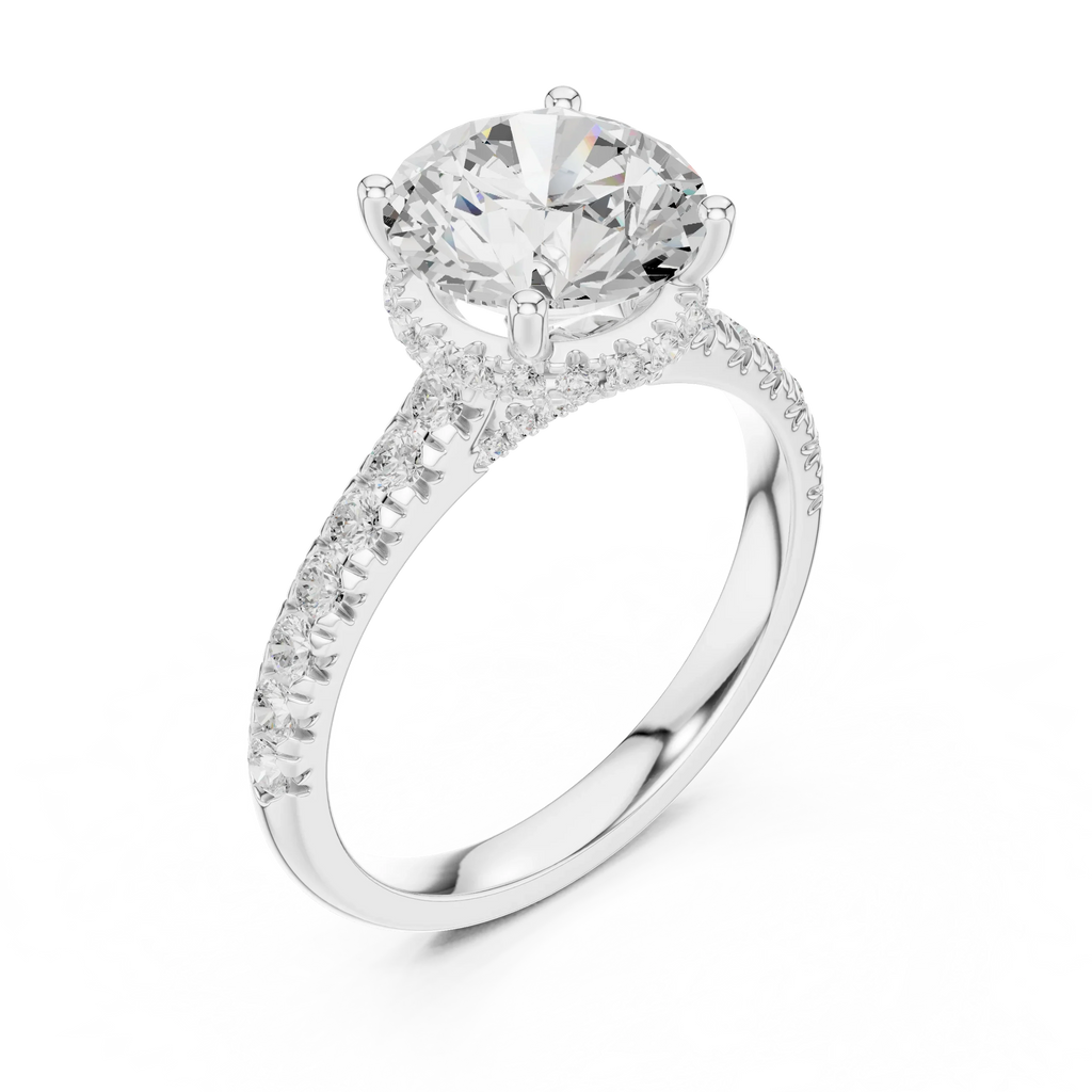 3.67 CTW Round Moissanite Cathedral Engagement Diamond Ring with Slim Micropavé Band in 18K White Gold