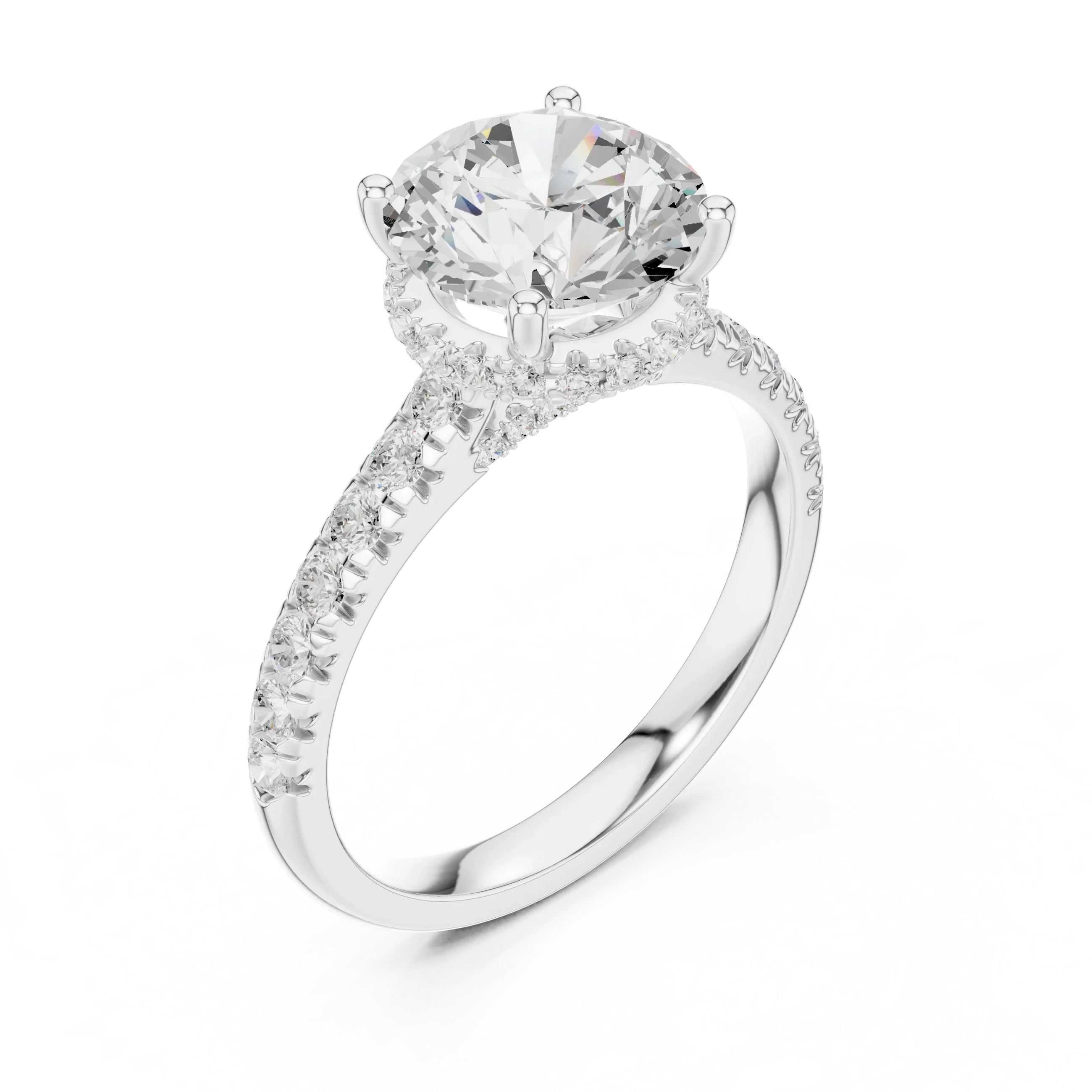 3.67 CTW Round Moissanite Cathedral Engagement Diamond Ring with Slim Micropavé Band in 18K White Gold