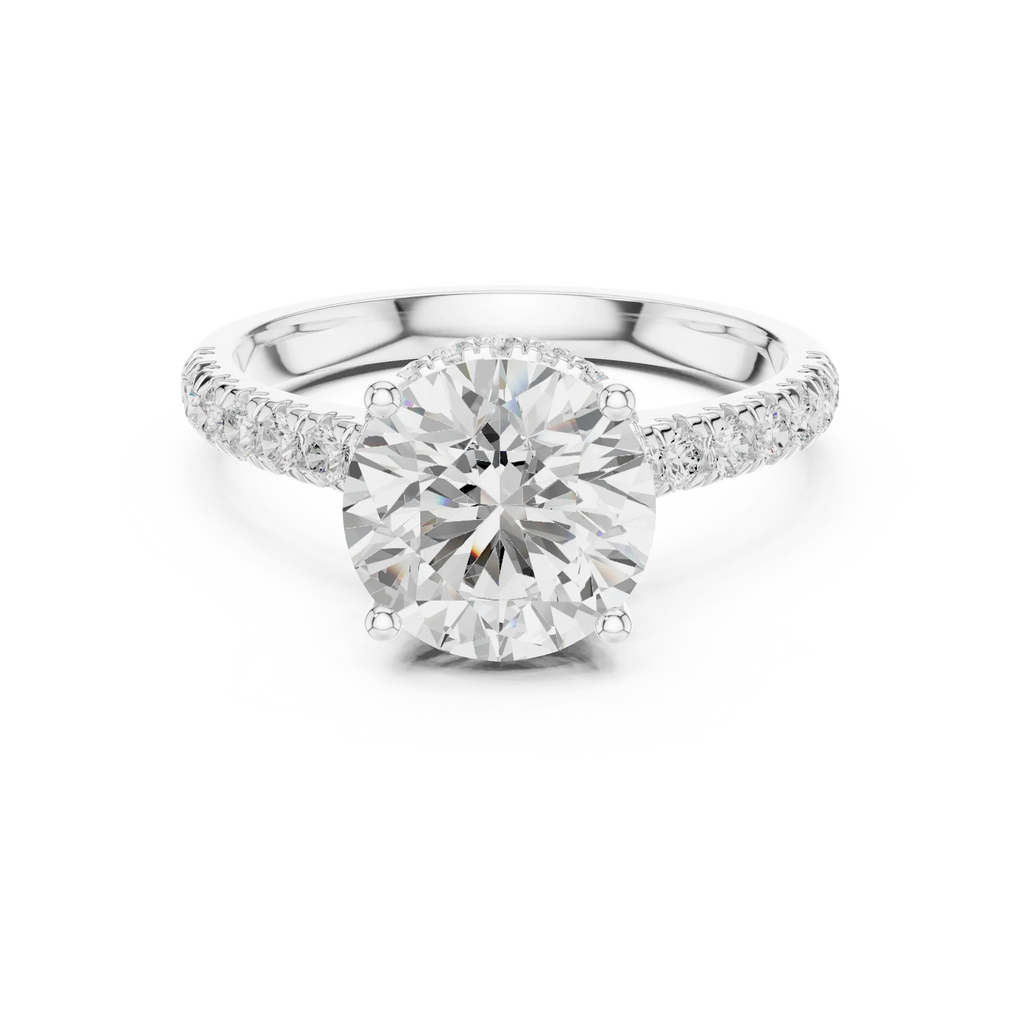 3.67 CTW Round Moissanite Cathedral Engagement Diamond Ring with Slim Micropavé Band in 18K White Gold