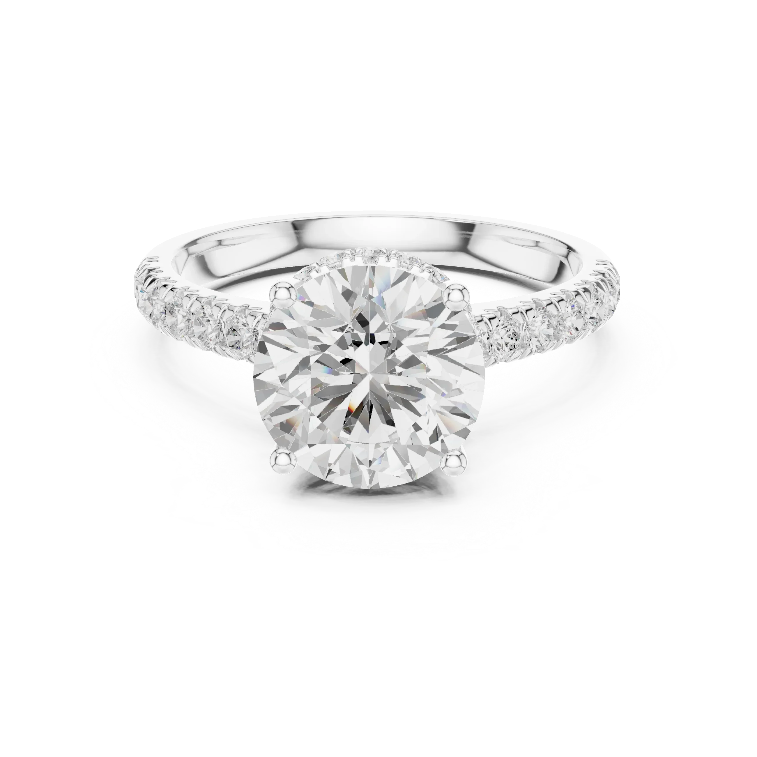 3.67 CTW Round Moissanite Cathedral Engagement Diamond Ring with Slim Micropavé Band in 18K White Gold