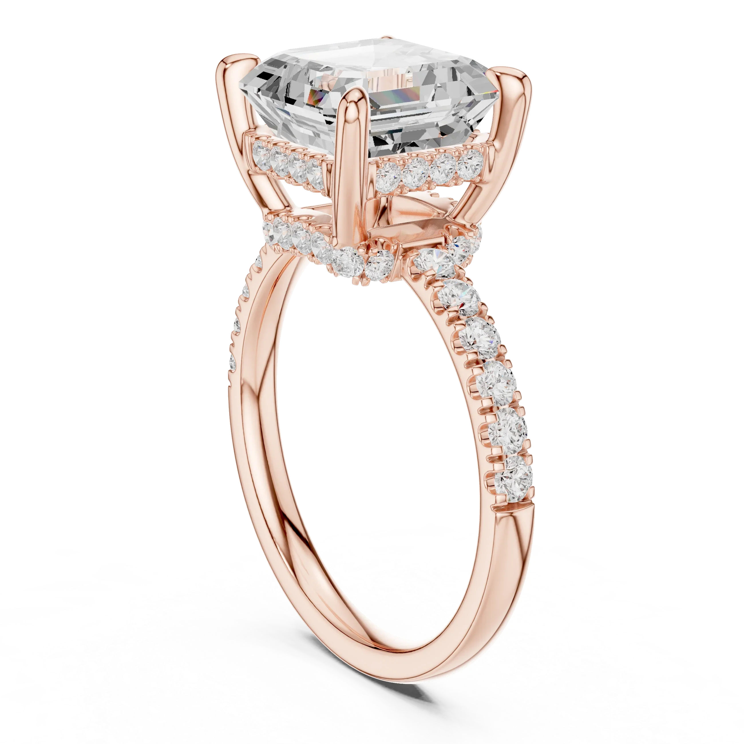10K White Gold 4.58 CTW Asscher Moissanite Double Hidden Halo Cathedral Engagement Diamond Ring