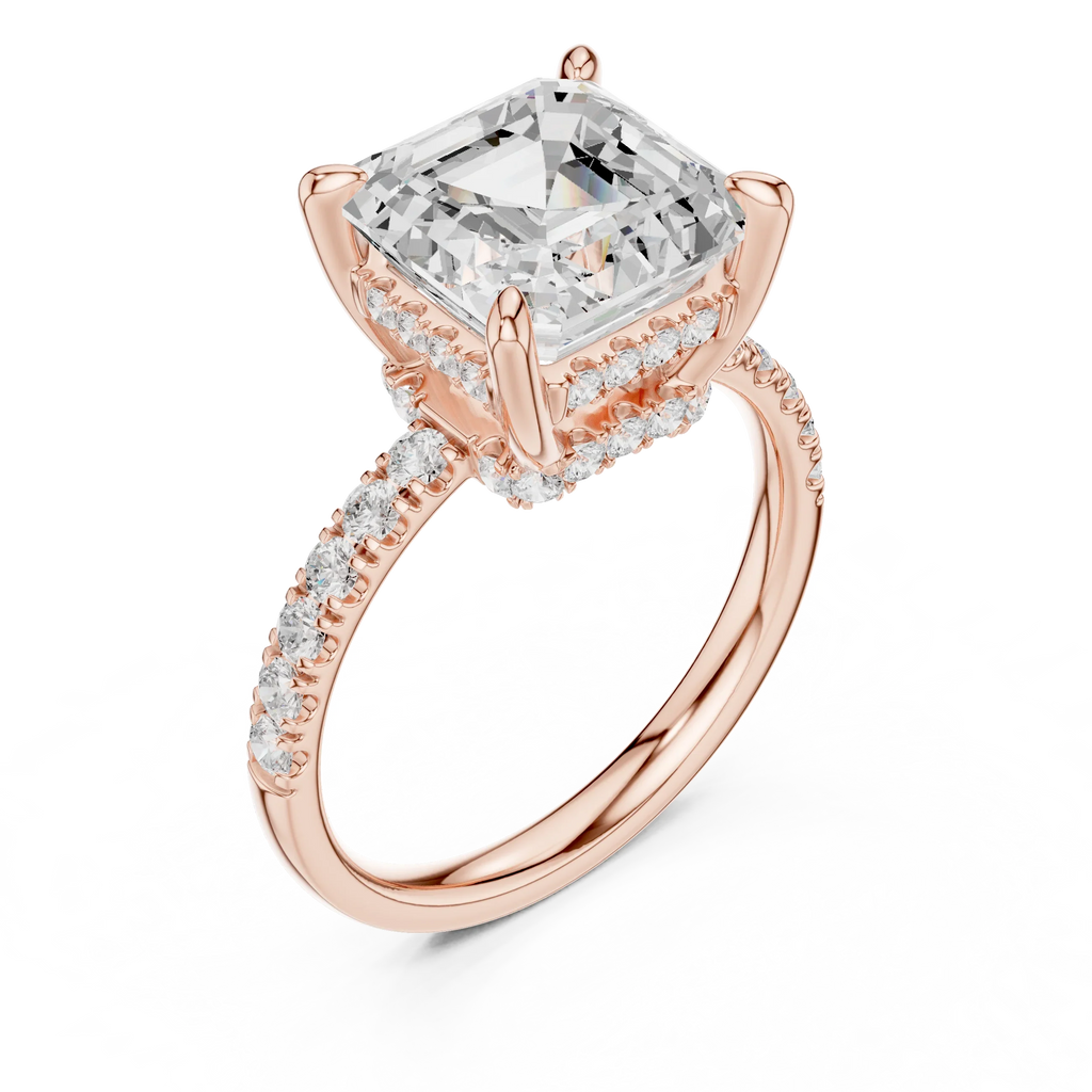 10K White Gold 4.58 CTW Asscher Moissanite Double Hidden Halo Cathedral Engagement Diamond Ring