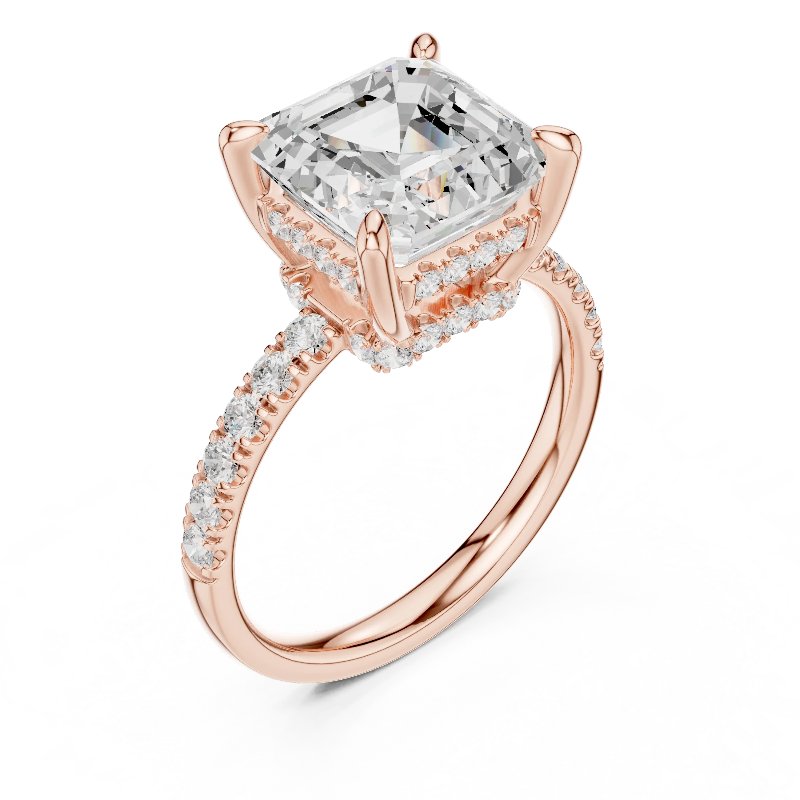 10K White Gold 4.58 CTW Asscher Moissanite Double Hidden Halo Cathedral Engagement Diamond Ring