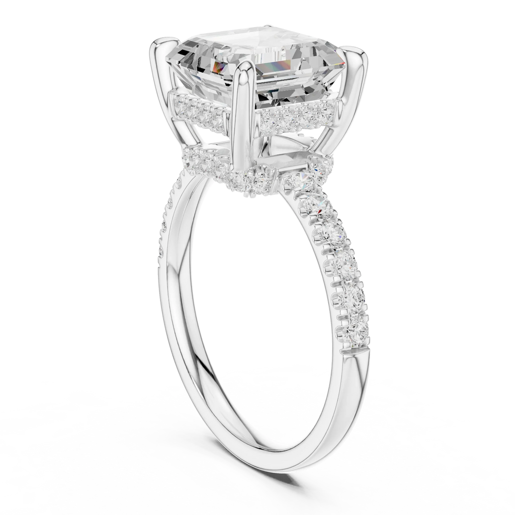 10K White Gold 4.58 CTW Asscher Moissanite Double Hidden Halo Cathedral Engagement Diamond Ring