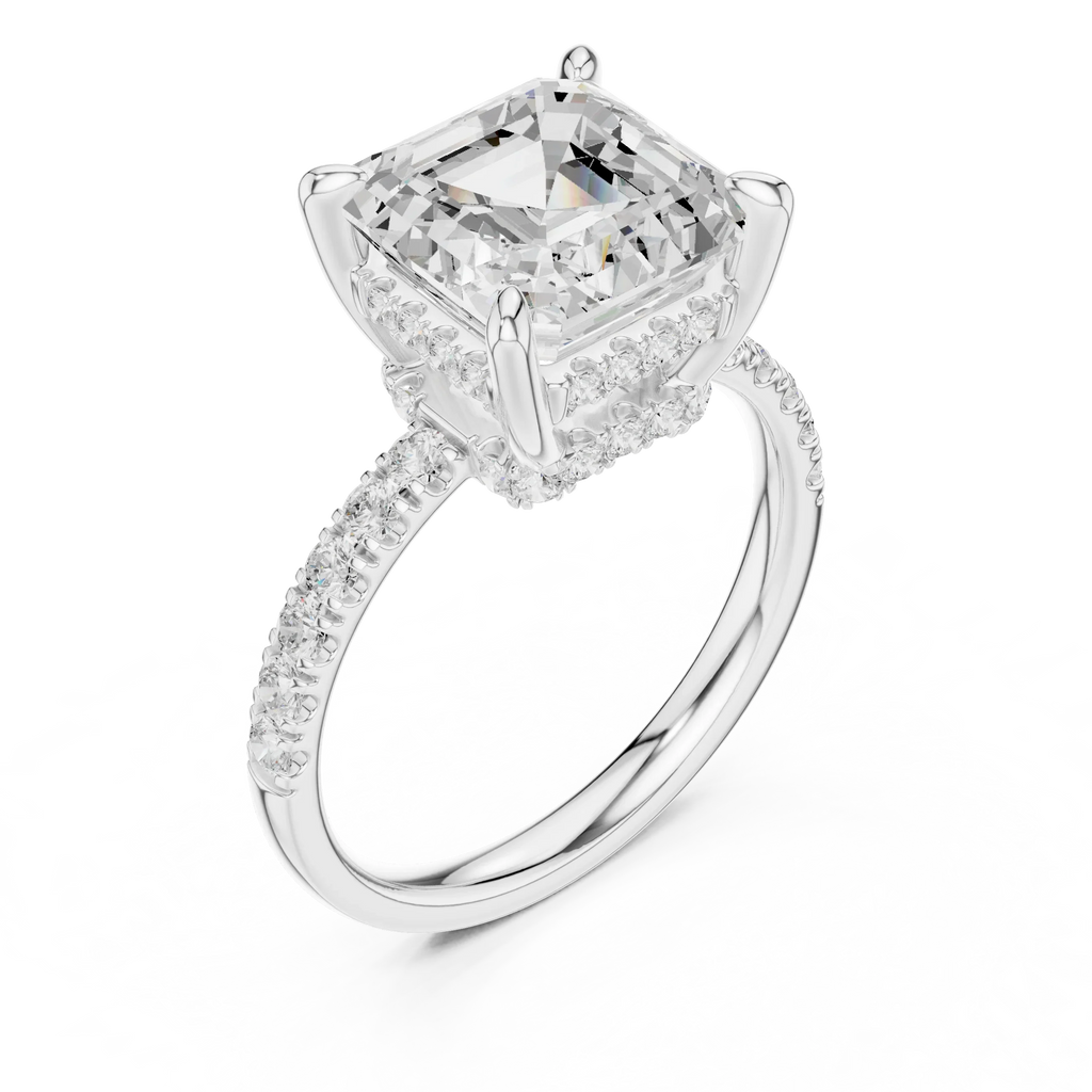 10K White Gold 4.58 CTW Asscher Moissanite Double Hidden Halo Cathedral Engagement Diamond Ring