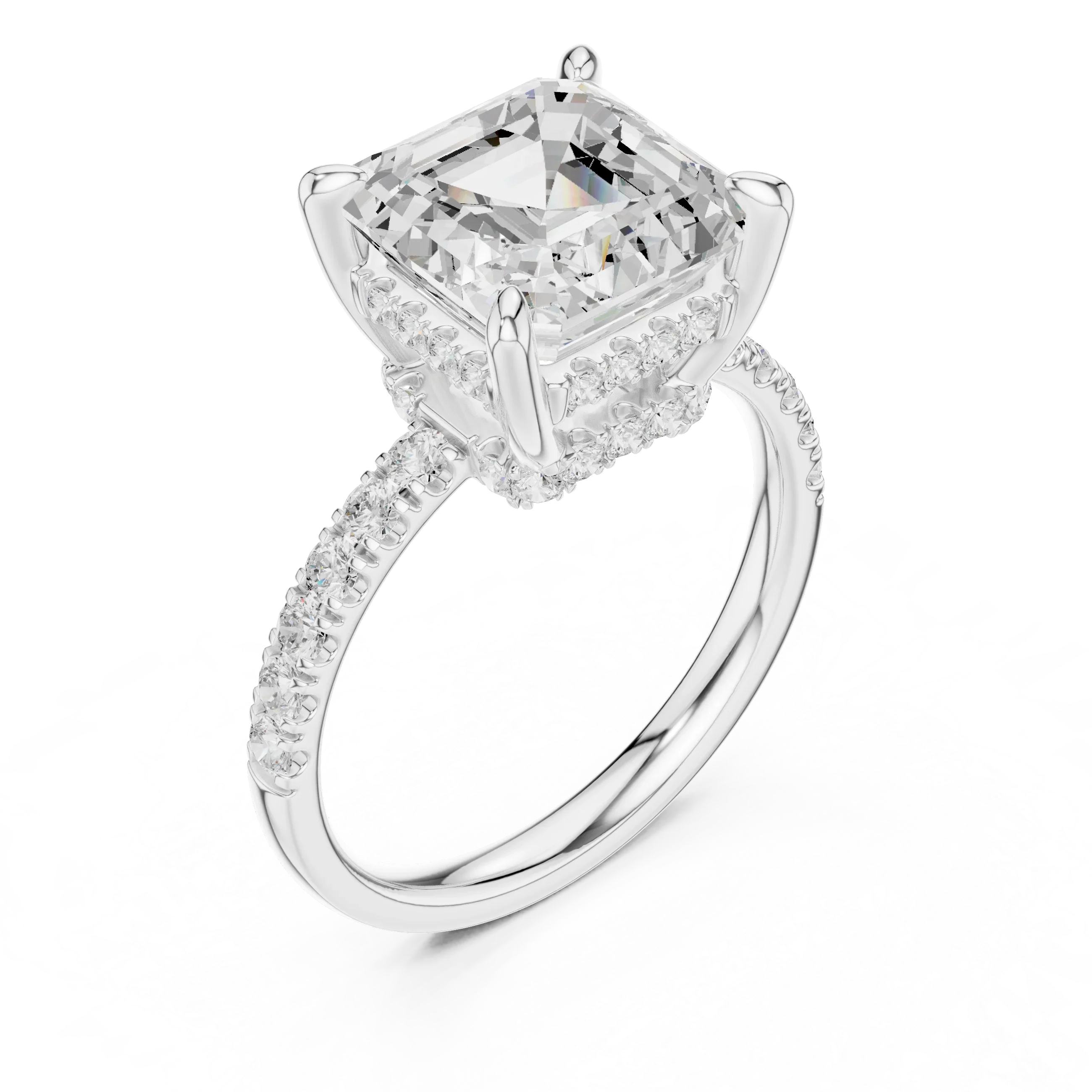 10K White Gold 4.58 CTW Asscher Moissanite Double Hidden Halo Cathedral Engagement Diamond Ring