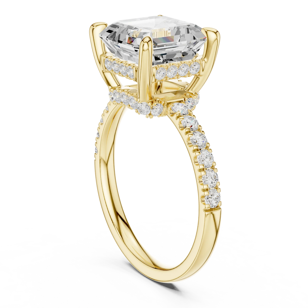 10K White Gold 4.58 CTW Asscher Moissanite Double Hidden Halo Cathedral Engagement Diamond Ring