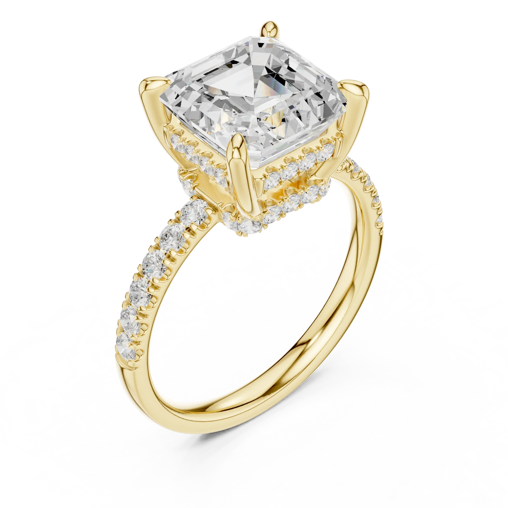 10K White Gold 4.58 CTW Asscher Moissanite Double Hidden Halo Cathedral Engagement Diamond Ring