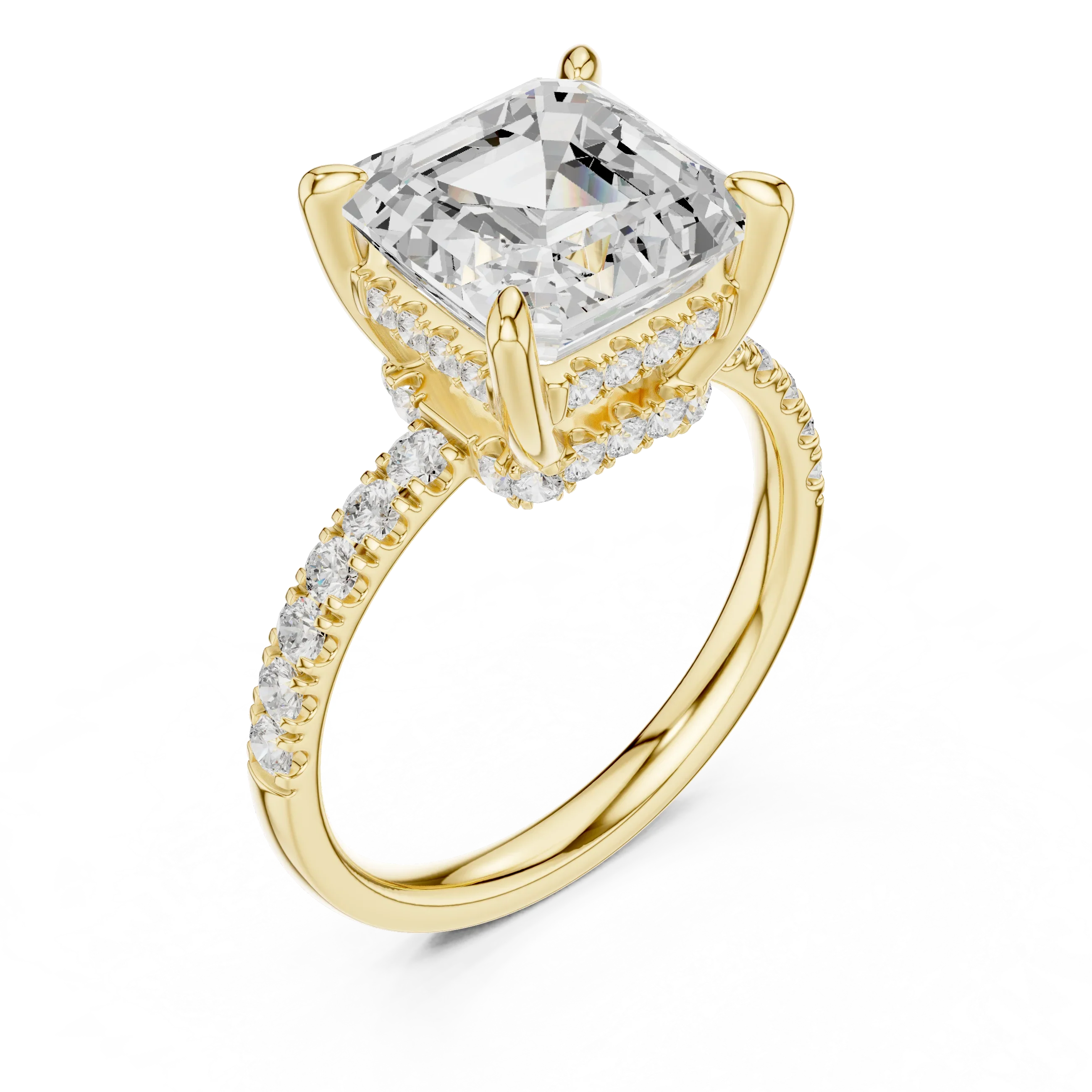 10K White Gold 4.58 CTW Asscher Moissanite Double Hidden Halo Cathedral Engagement Diamond Ring