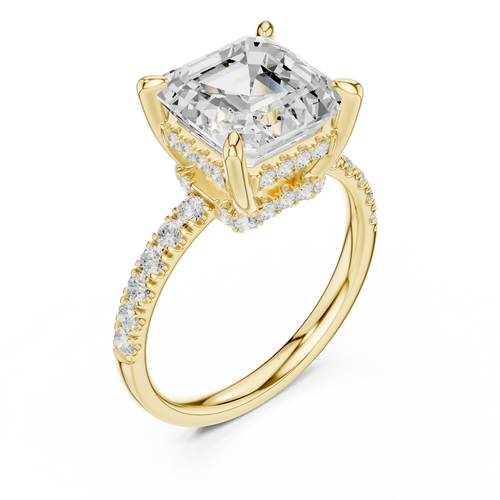 10K White Gold 4.58 CTW Asscher Moissanite Double Hidden Halo Cathedral Engagement Diamond Ring
