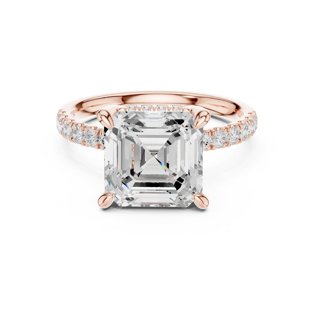 10K White Gold 4.58 CTW Asscher Moissanite Double Hidden Halo Cathedral Engagement Diamond Ring