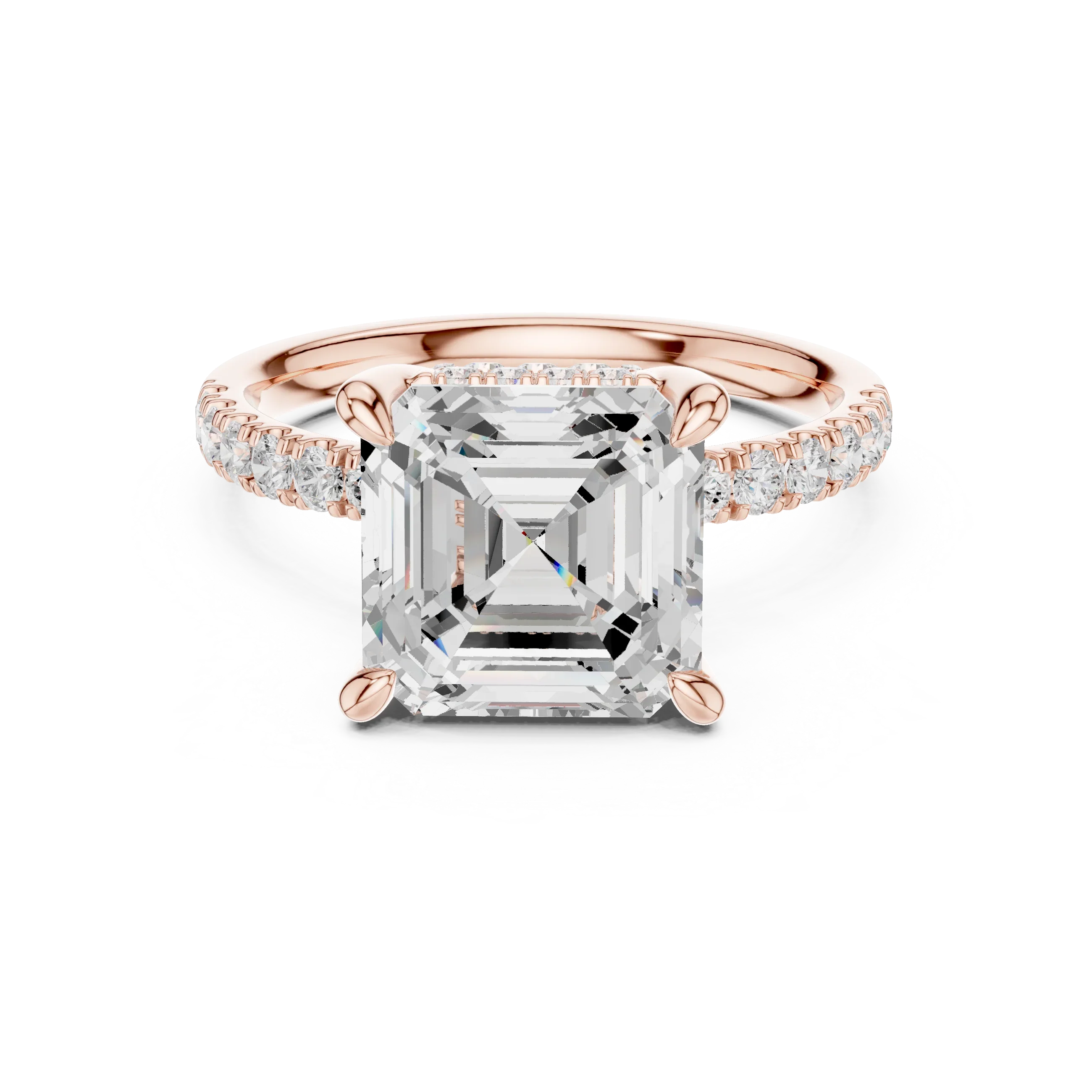 10K White Gold 4.58 CTW Asscher Moissanite Double Hidden Halo Cathedral Engagement Diamond Ring