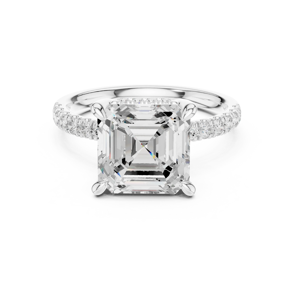 10K White Gold 4.58 CTW Asscher Moissanite Double Hidden Halo Cathedral Engagement Diamond Ring