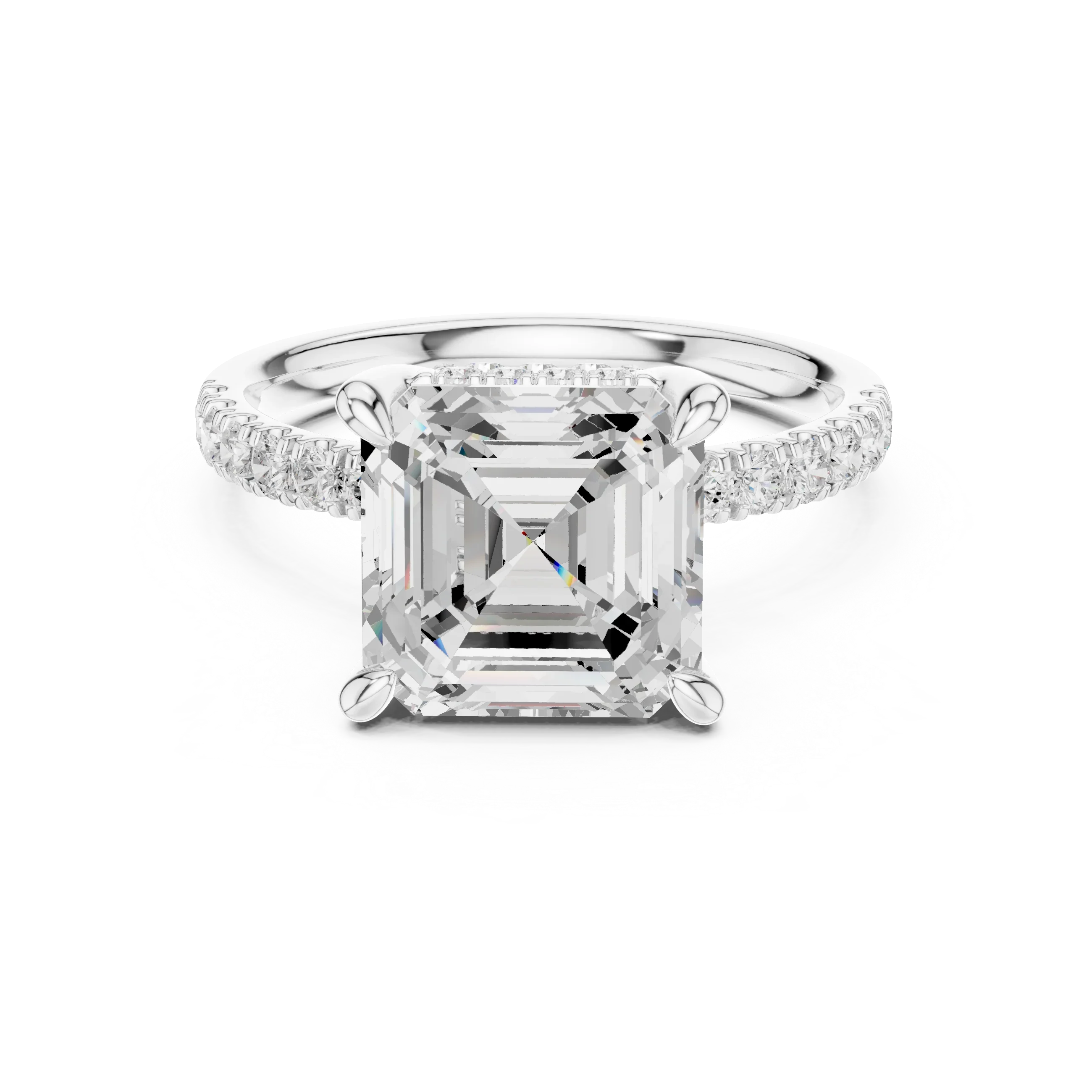 10K White Gold 4.58 CTW Asscher Moissanite Double Hidden Halo Cathedral Engagement Diamond Ring